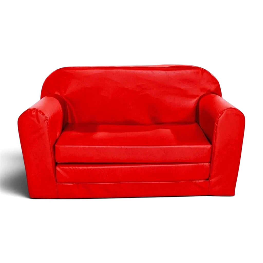 UK Gym Pits red vinyl soft play sofa bed for children, made from durable foam for schools and nurseries.