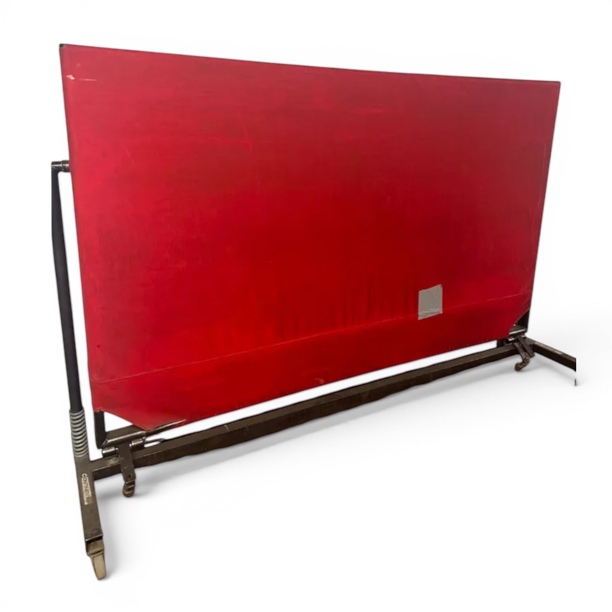 UK Gym Pits Continental international spotting end deck with a red padded surface and black folding frame on wheels.