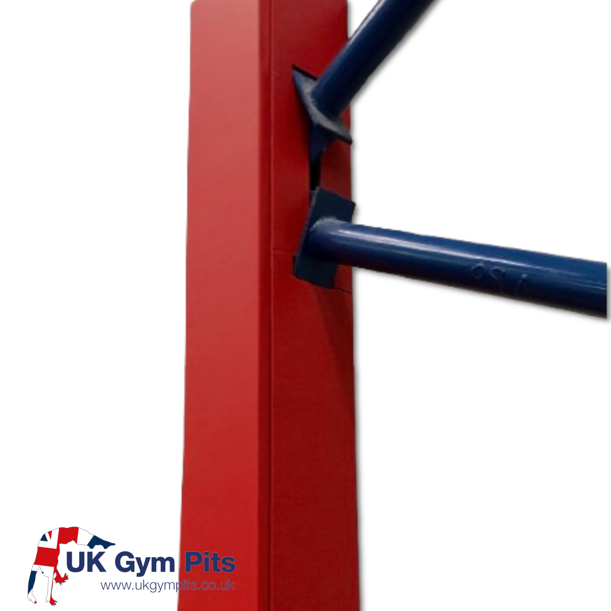 UK Gym Pits red shock-absorbing PVC stanchion padding installed on a steel gym pole for safety