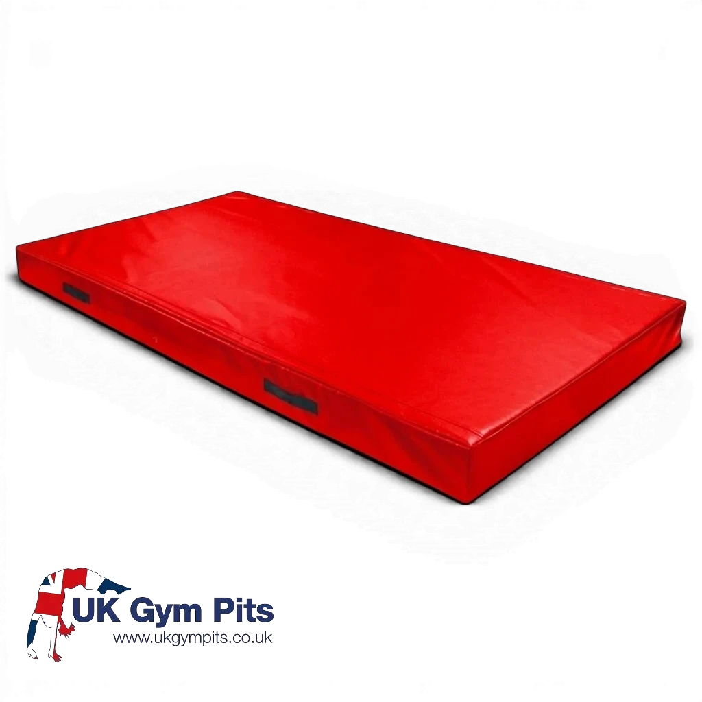 UK Gym Pits red trampoline push-on safety mat with reinforced PVC cover and side carry handles