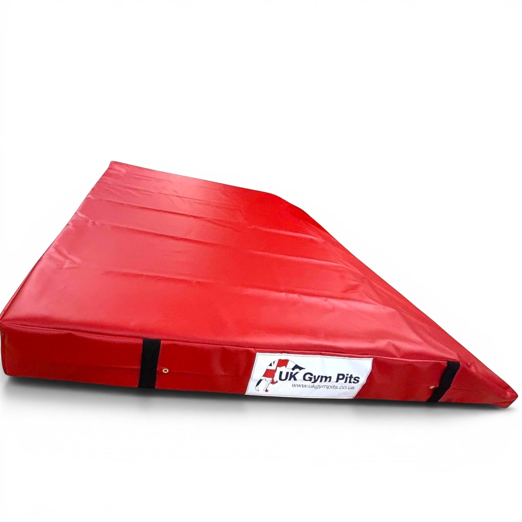 UK Gym Pits red single wedge trampoline spotting end deck mat with reinforced PVC cover and side handles