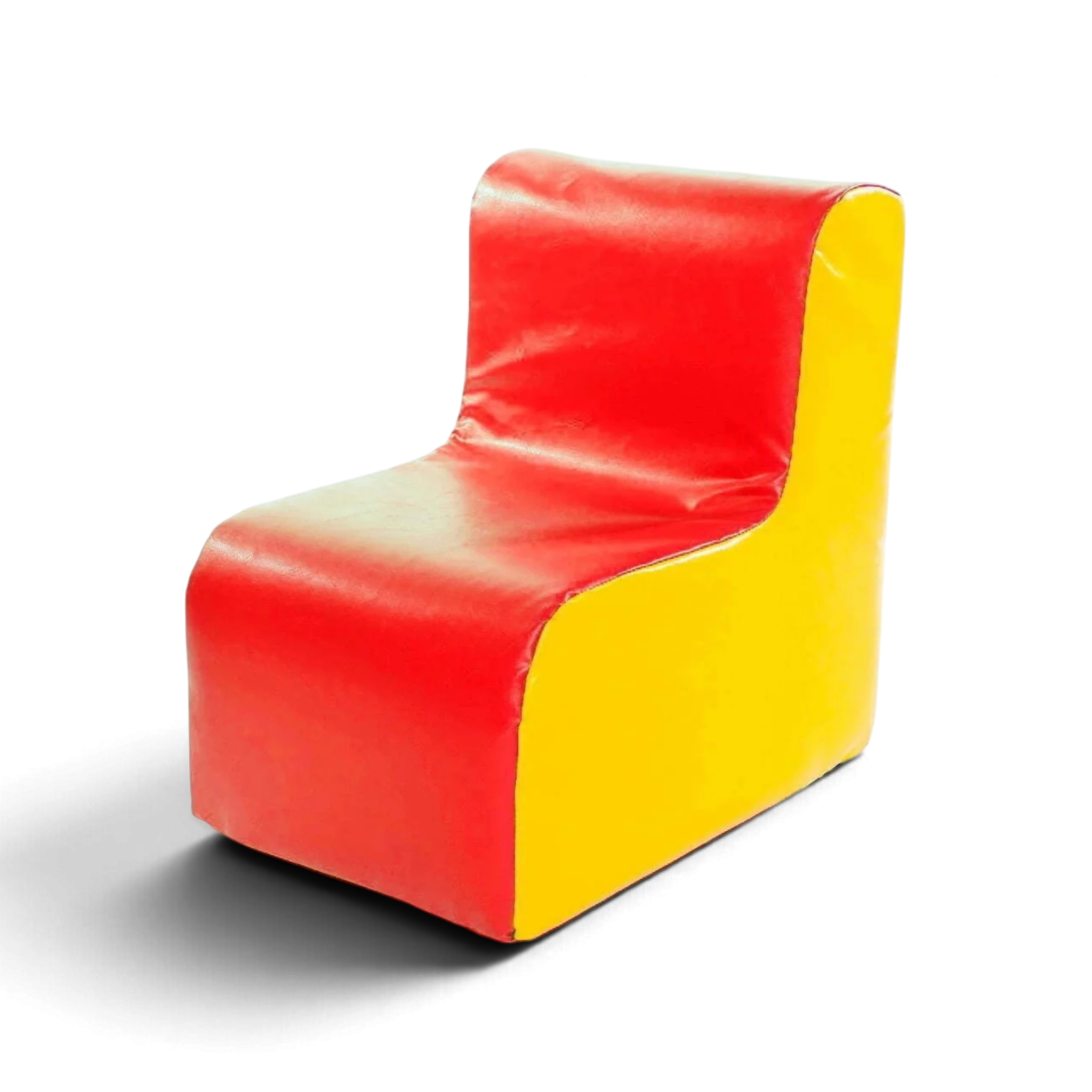 UK Gym Pits soft play chair in red and yellow vinyl, featuring durable foam construction for schools and nurseries.