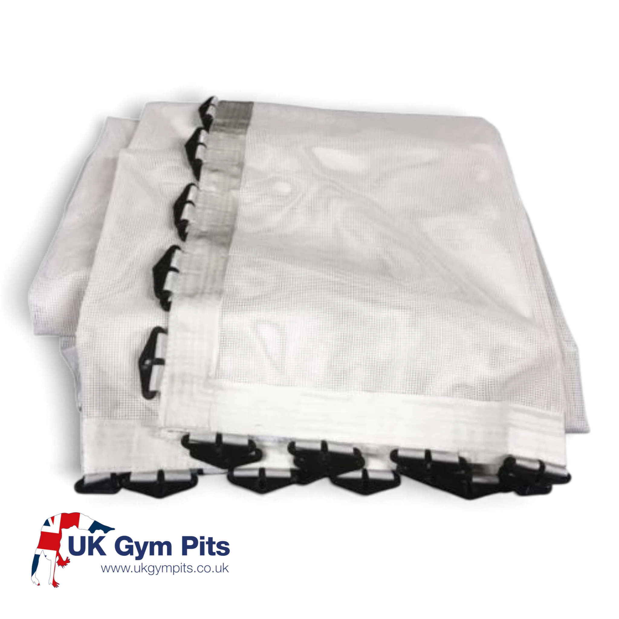 UK Gym Pits replacement trampoline bed with white mesh and black moulded anchor bars for 77 and 77A models