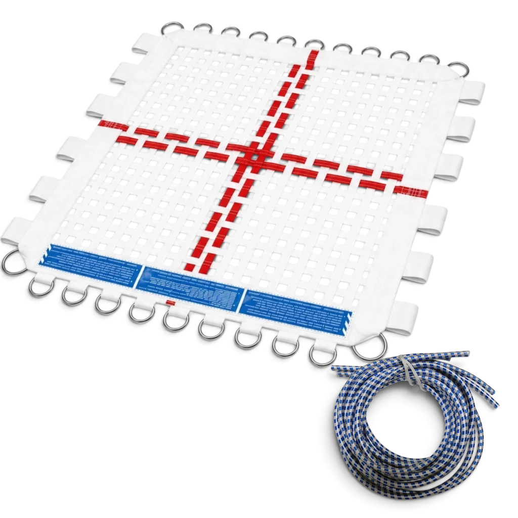 UK Gym Pits white webbed trampoline bed with red center cross markings and metal attachment rings