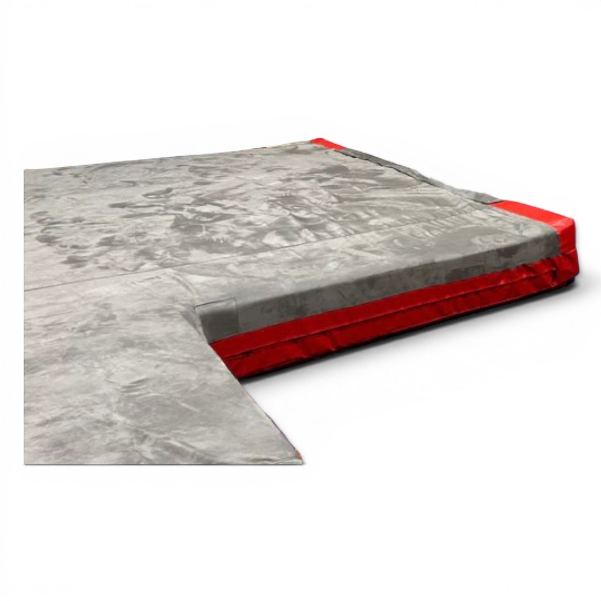UK Gym Pits resi foam landing module with a grey jersey top mat and red PVC base for gymnastics and parkour safety.