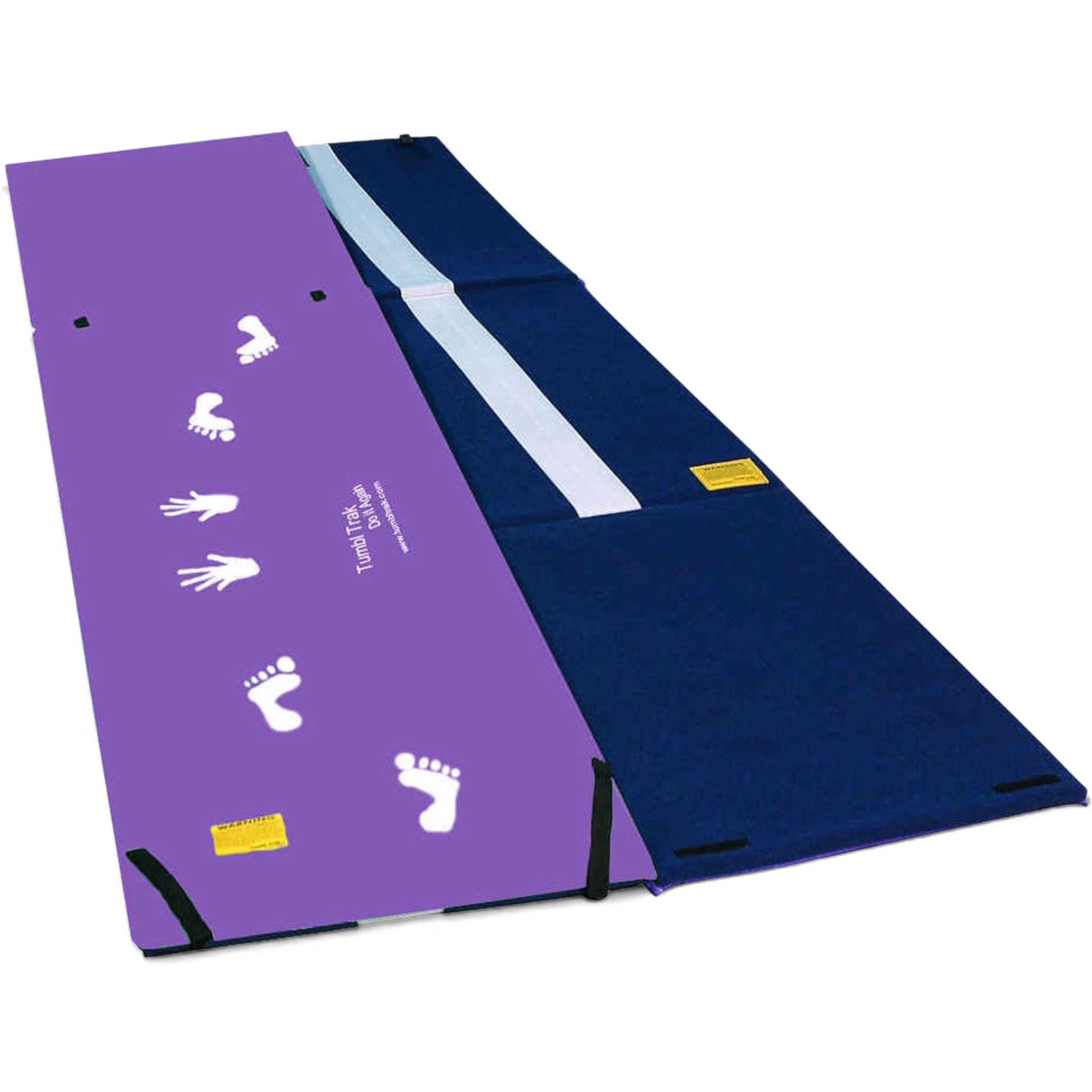 UK Gym Pits reversible handstand homework mat featuring a purple vinyl cartwheel side and a blue carpet beam side.