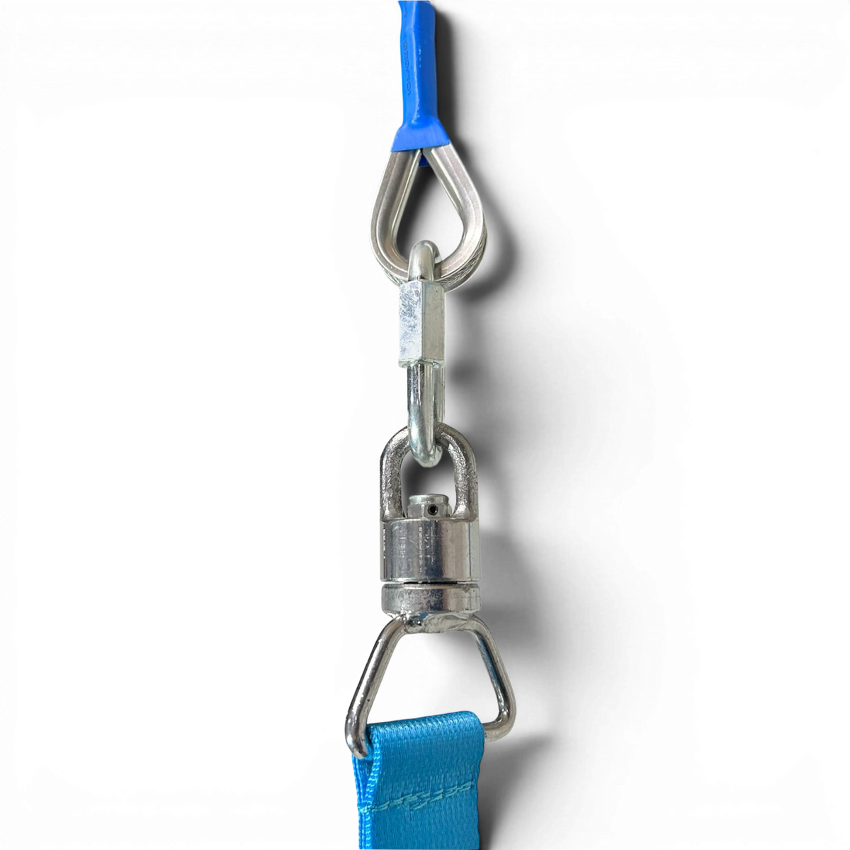 UK Gym Pits FIG approved ring frame quick release chain tension cabling system with blue strap and metal hardware