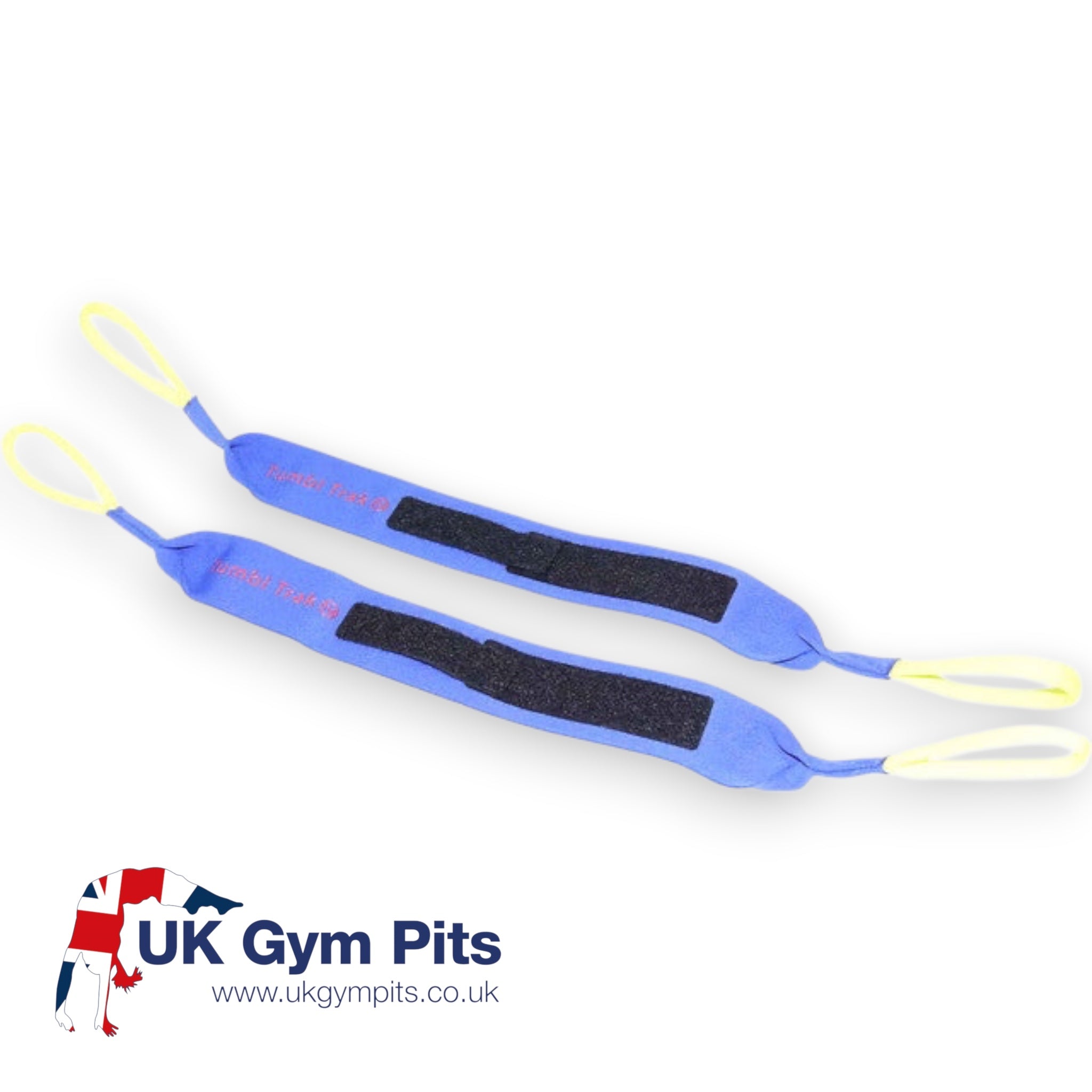 UK Gym Pits running arm resistance bands in blue with yellow thumb loops and adjustable Velcro straps for athletes