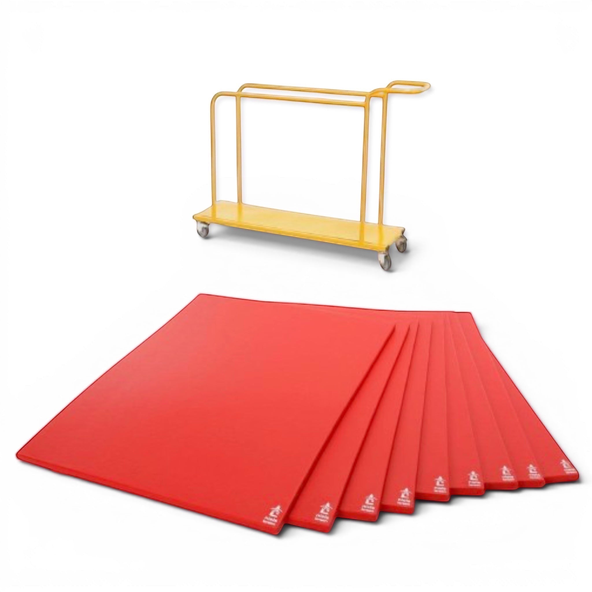 UK Gym Pits sandwich mat set with nine red vinyl gym mats and a yellow metal storage trolley for primary schools.