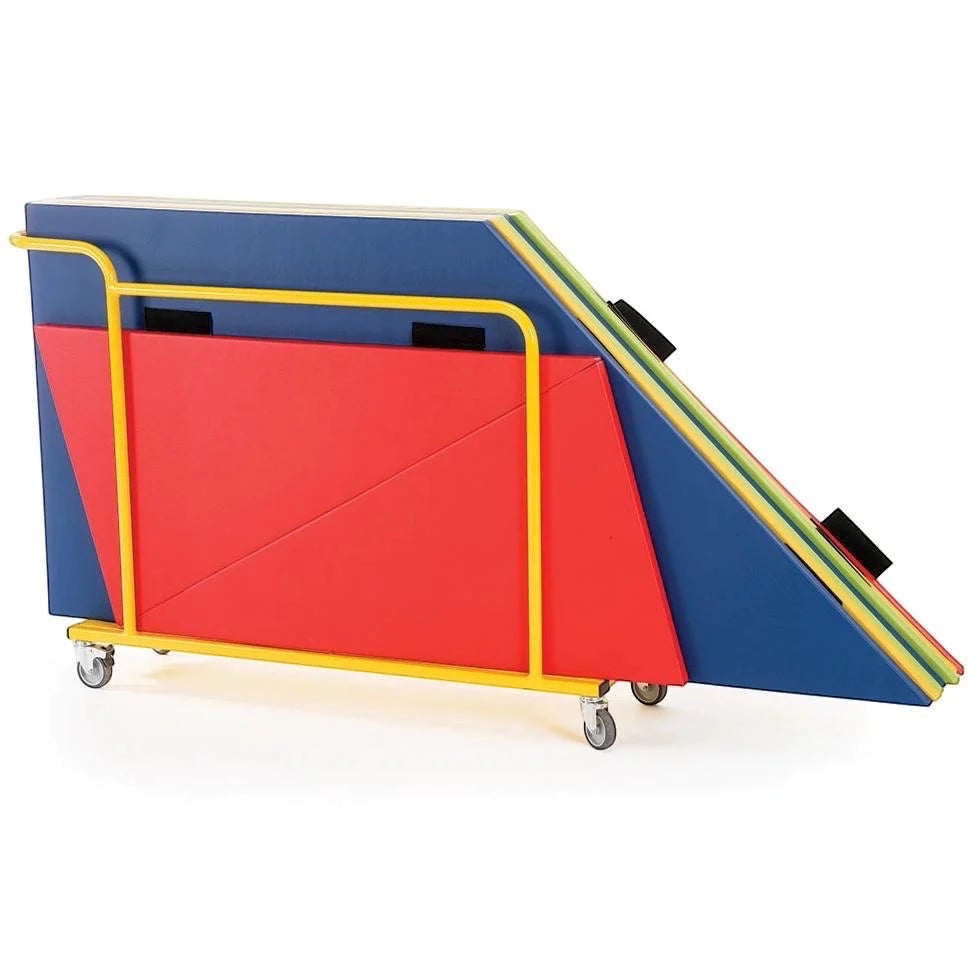 UK Gym Pits sandwich mat set stored on a yellow metal trolley with red and blue vinyl gym mats.