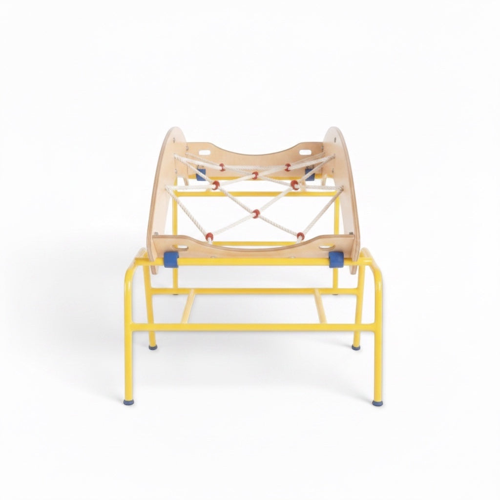 UK Gym Pits Gym Time Scramble Net with yellow metal frame, timber sides, and white rope climbing mesh for children.