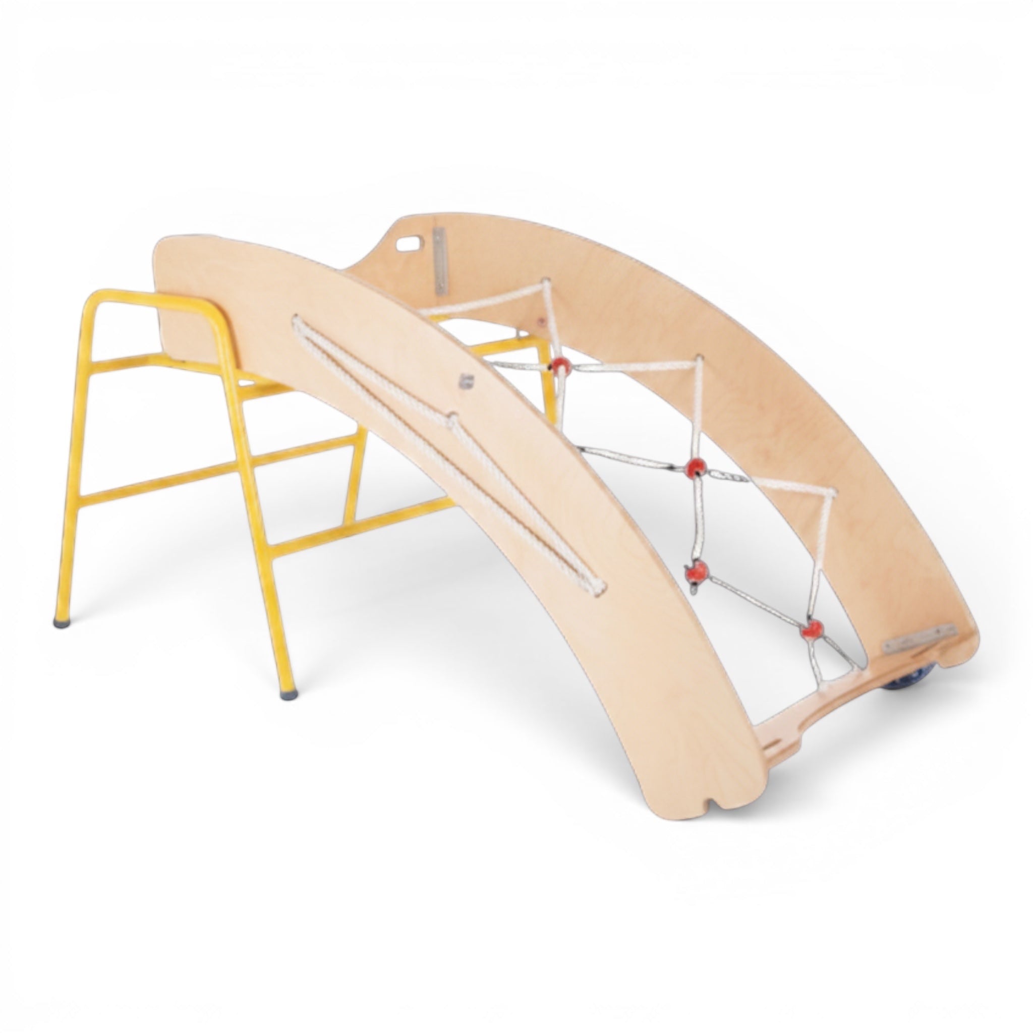 UK Gym Pits Gym Time Scramble Net with natural timber frame and white climbing rope for children's agility training.