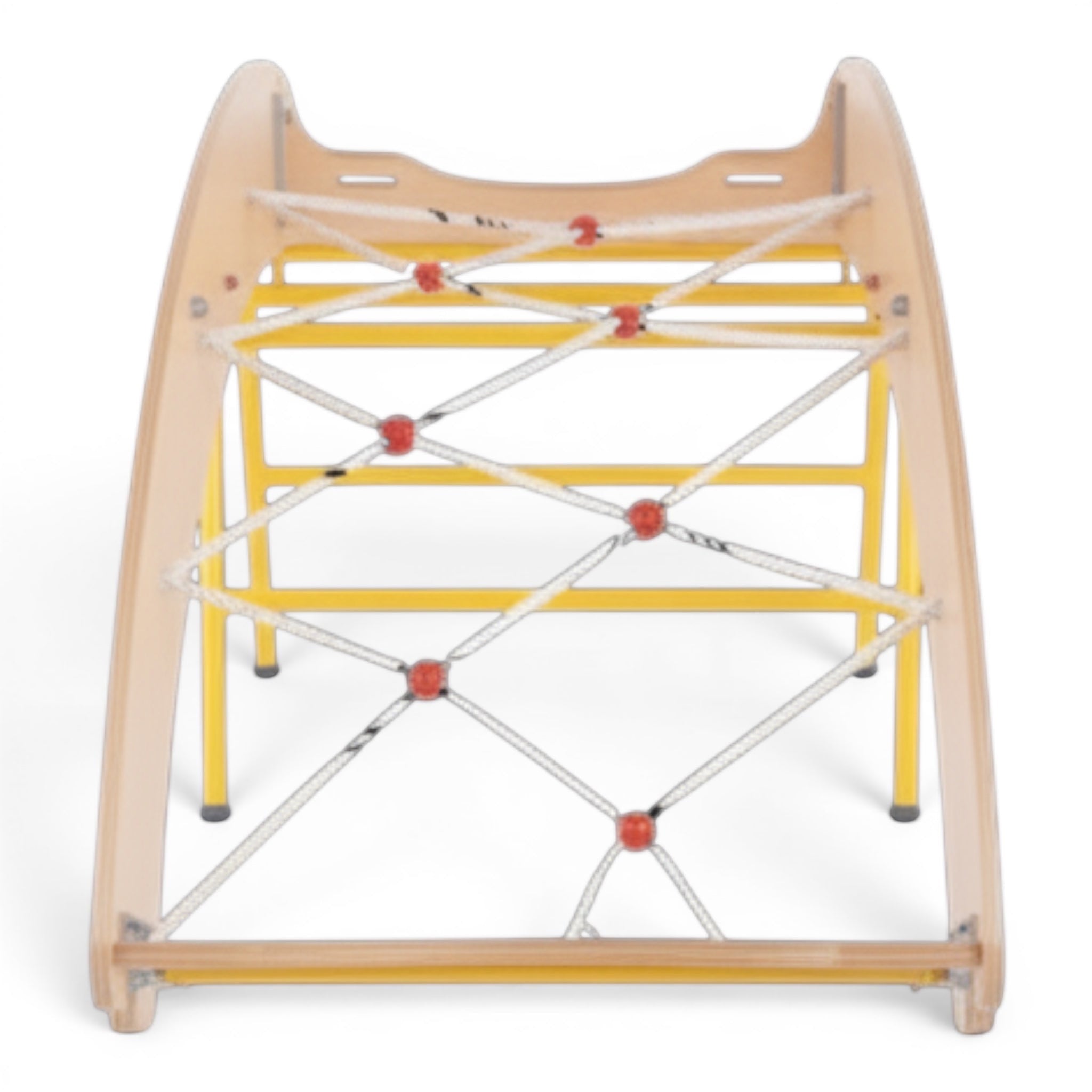 UK Gym Pits scramble net with natural timber frame and yellow supports for children's climbing and agility play