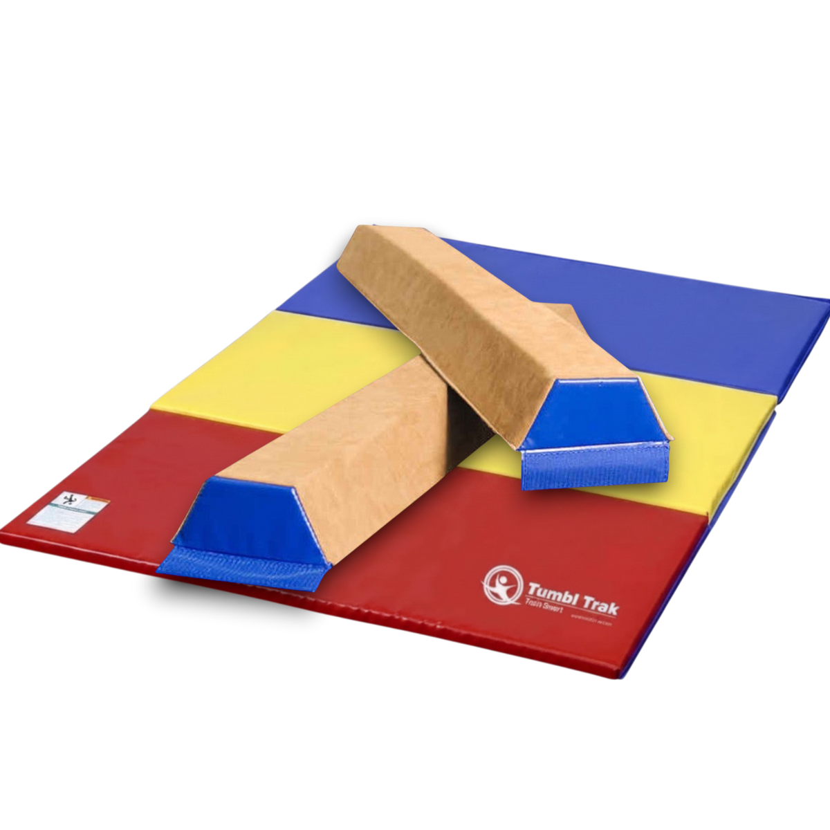 UK Gym Pits sectional suede balance beam placed on a multi-coloured folding vinyl tumbling mat for gymnastics