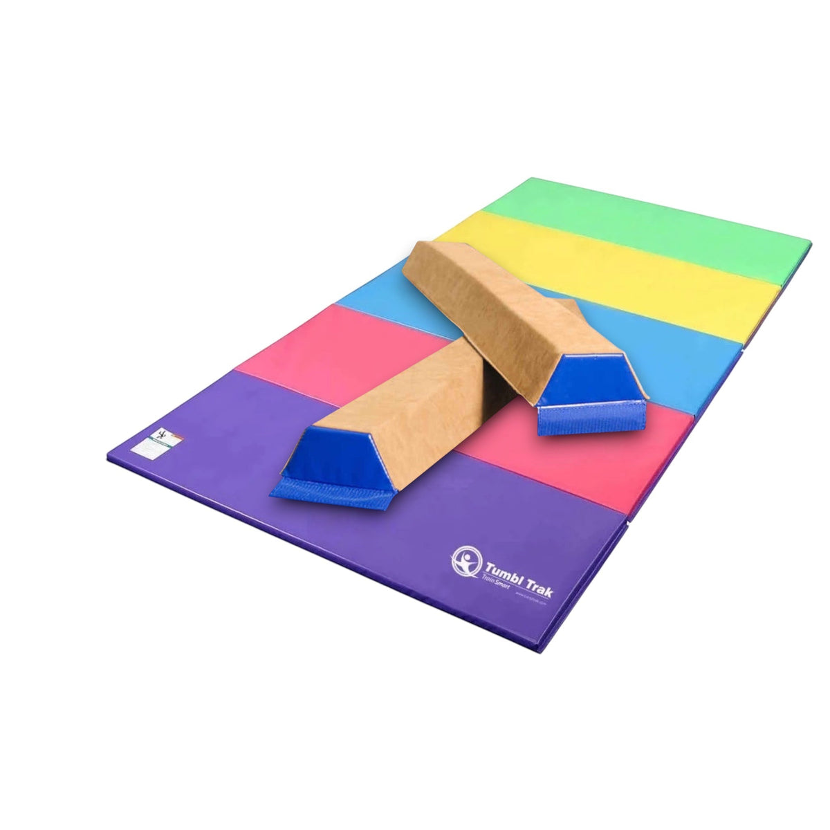 UK Gym Pits sectional suede balance beams placed on a multi-coloured folding vinyl tumbling mat for gymnastics practice.