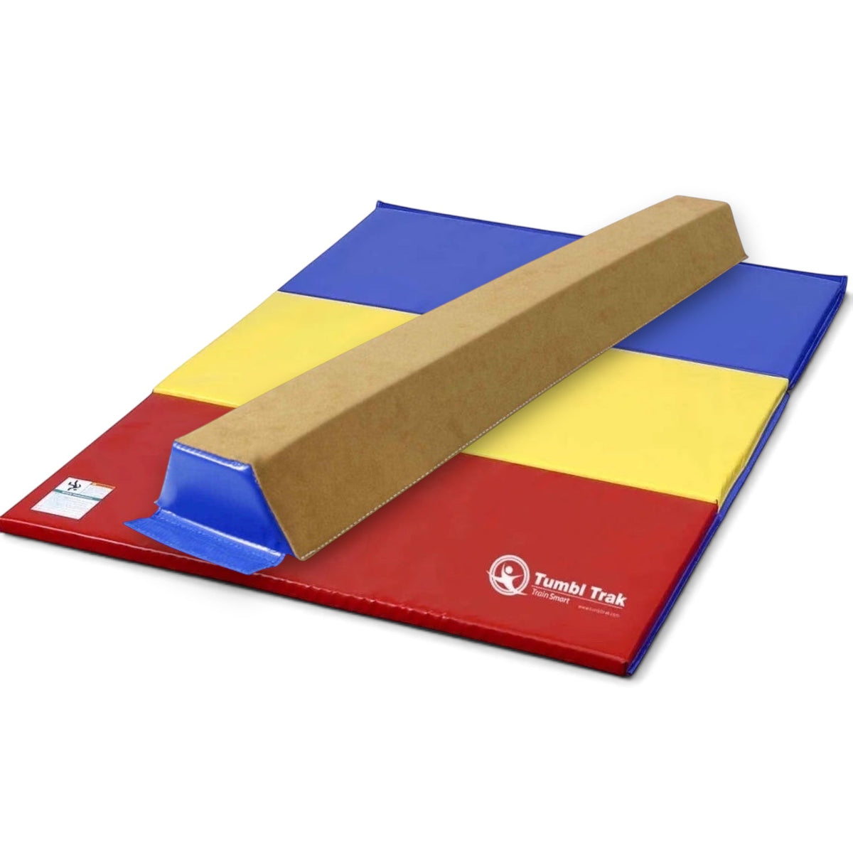 UK Gym Pits sectional suede balance beam placed on a multi-coloured folding tumbling mat for beginner gymnastics