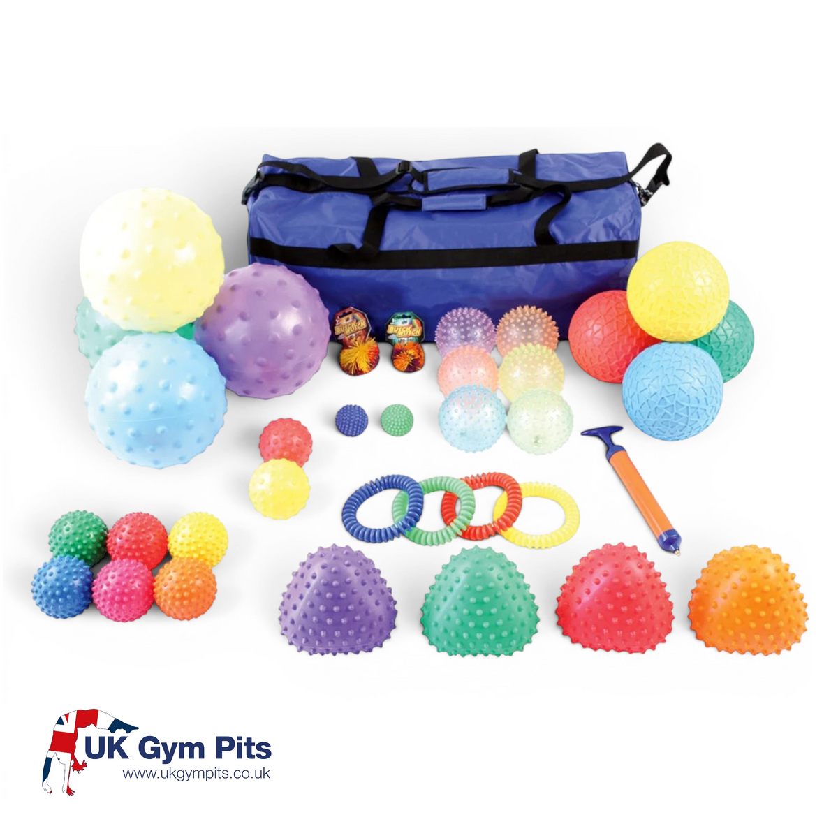 UK Gym Pits sensory ball set featuring 35 tactile balls, rings, and domes in various colors with a storage holdall.