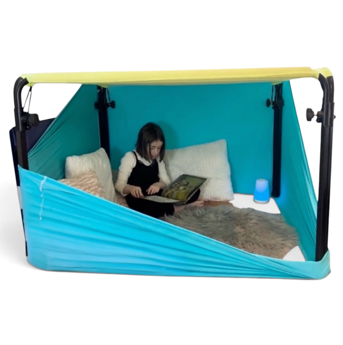 UK Gym Pits Sensory Boundex Cuddle box with a child reading inside the turquoise lycra sensory frame