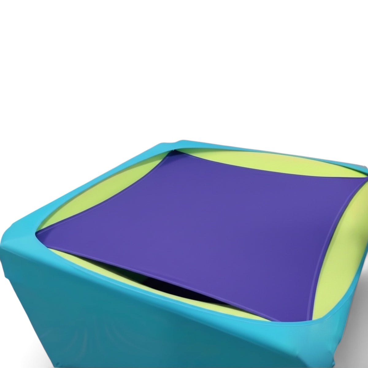UK Gym Pits Sensory Boundex Cuddle box with layered blue, green, and purple lycra fabric for sensory motor play.