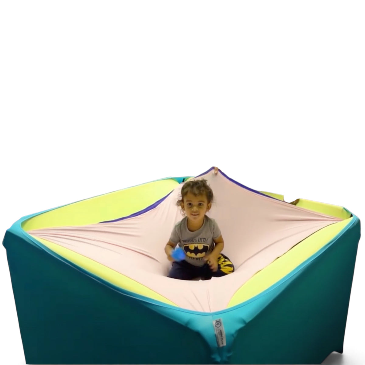 UK Gym Pits Sensory Boundex Cuddle box with a child playing inside the multi-layered lycra sensory motor frame