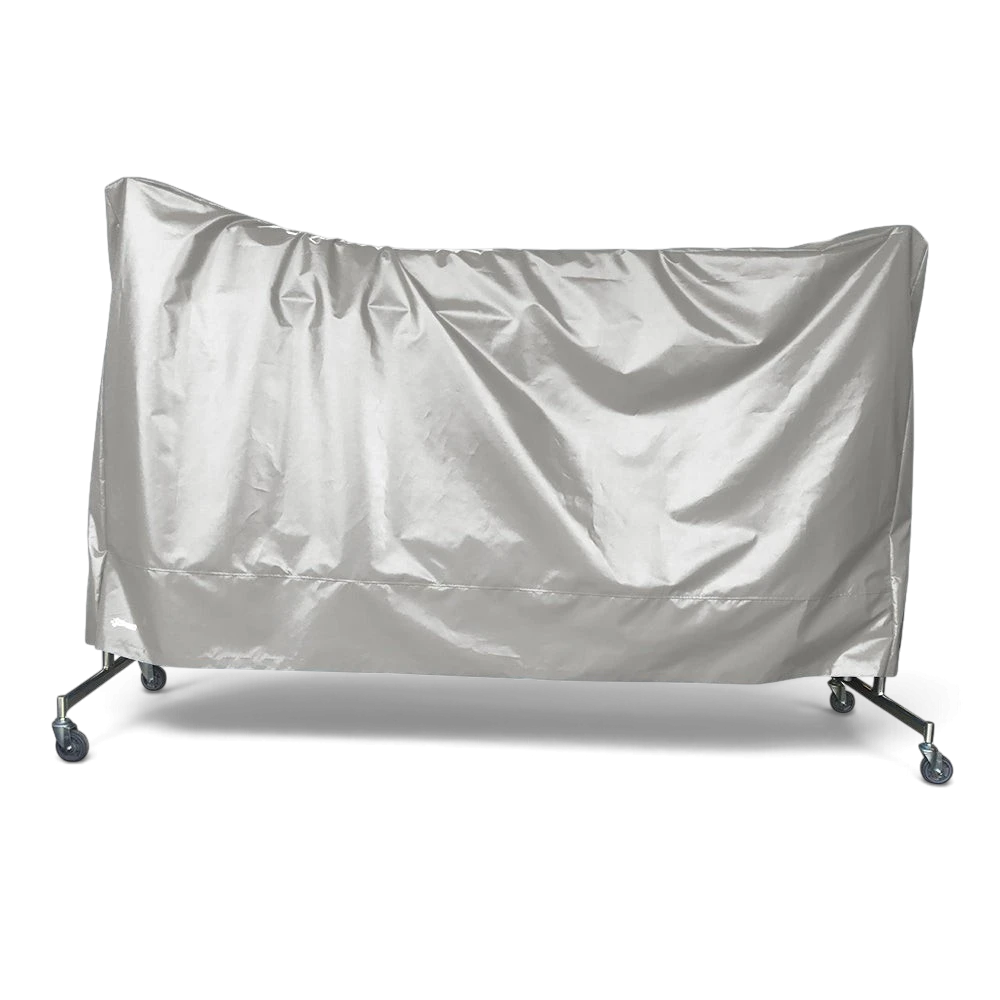 UK Gym Pits silver tear-resistant PVC trampoline dust cover protecting a folded trampoline on wheels