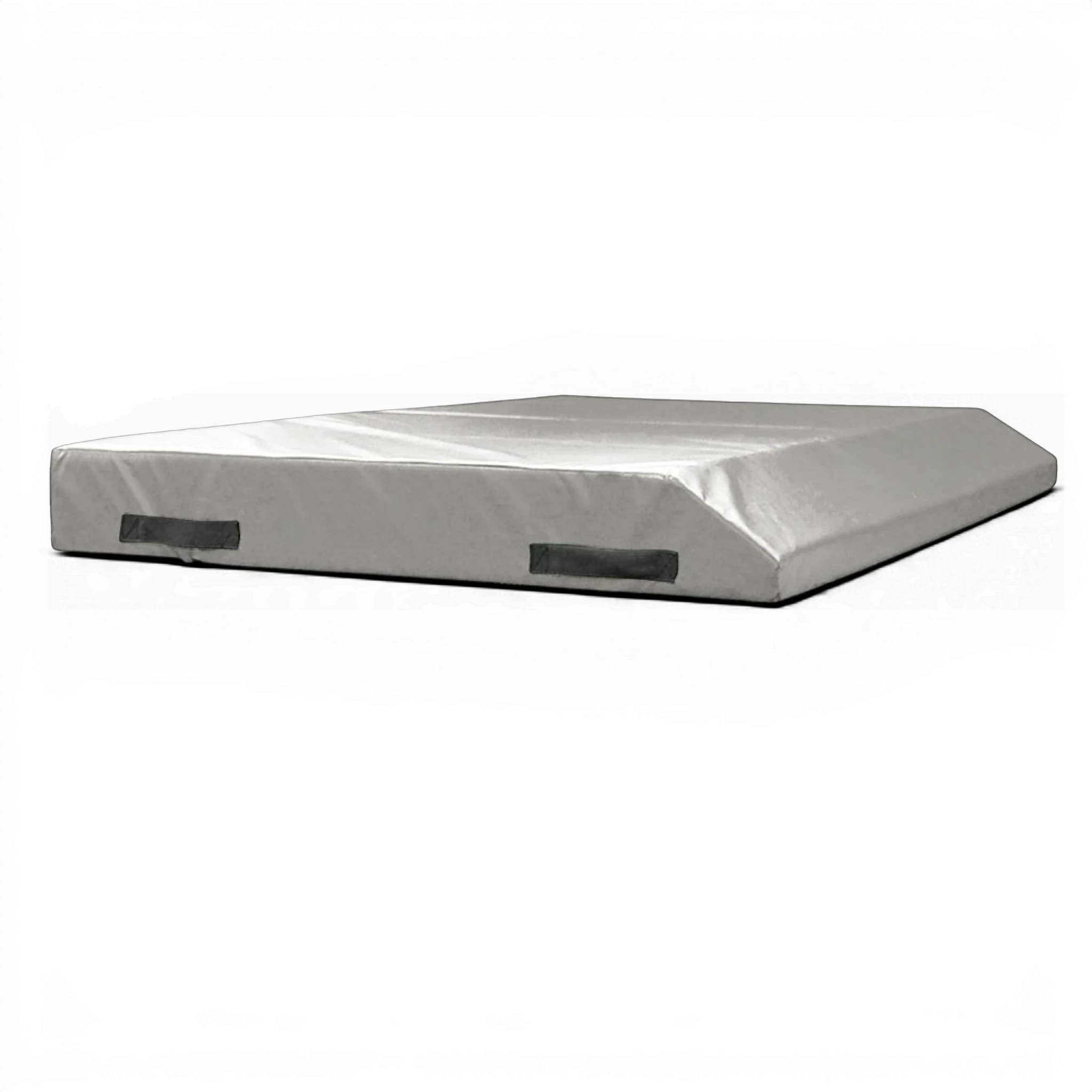 UK Gym Pits single wedge trampoline spotting end deck mat with reinforced PVC cover and side handles.