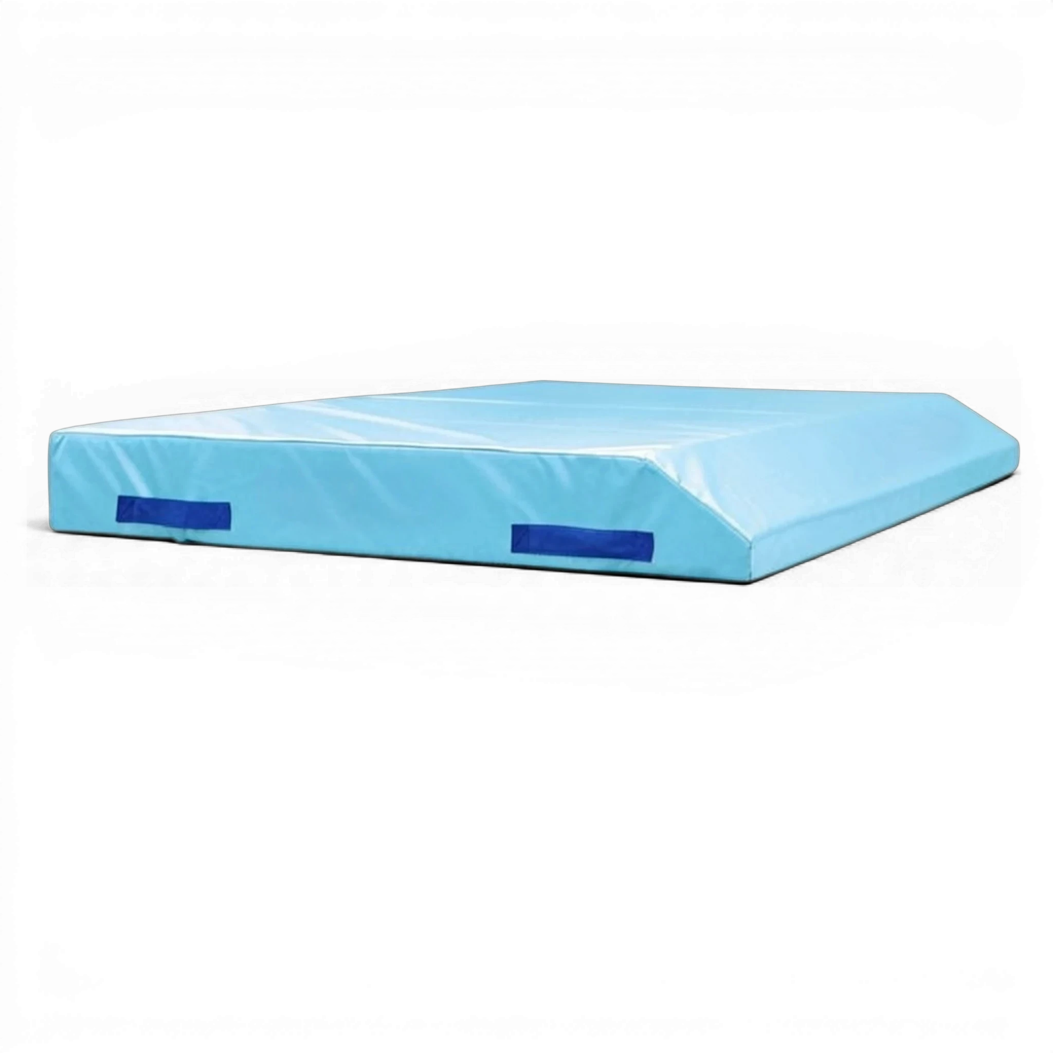 UK Gym Pits light blue single wedge trampoline spotting end deck mat with side handles and Nissen branding.