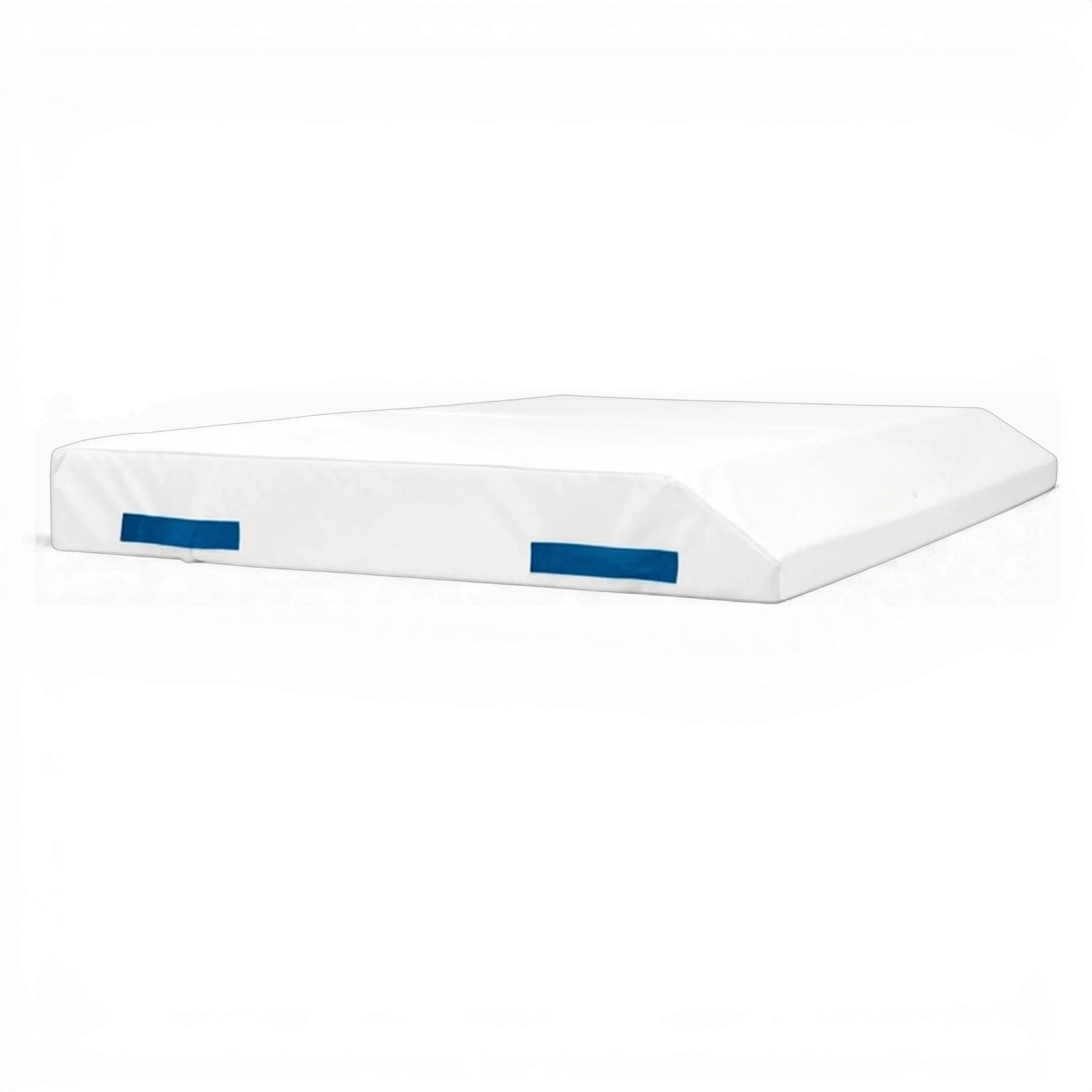UK Gym Pits white single wedge trampoline spotting end deck mat with blue handles and Nissen branding