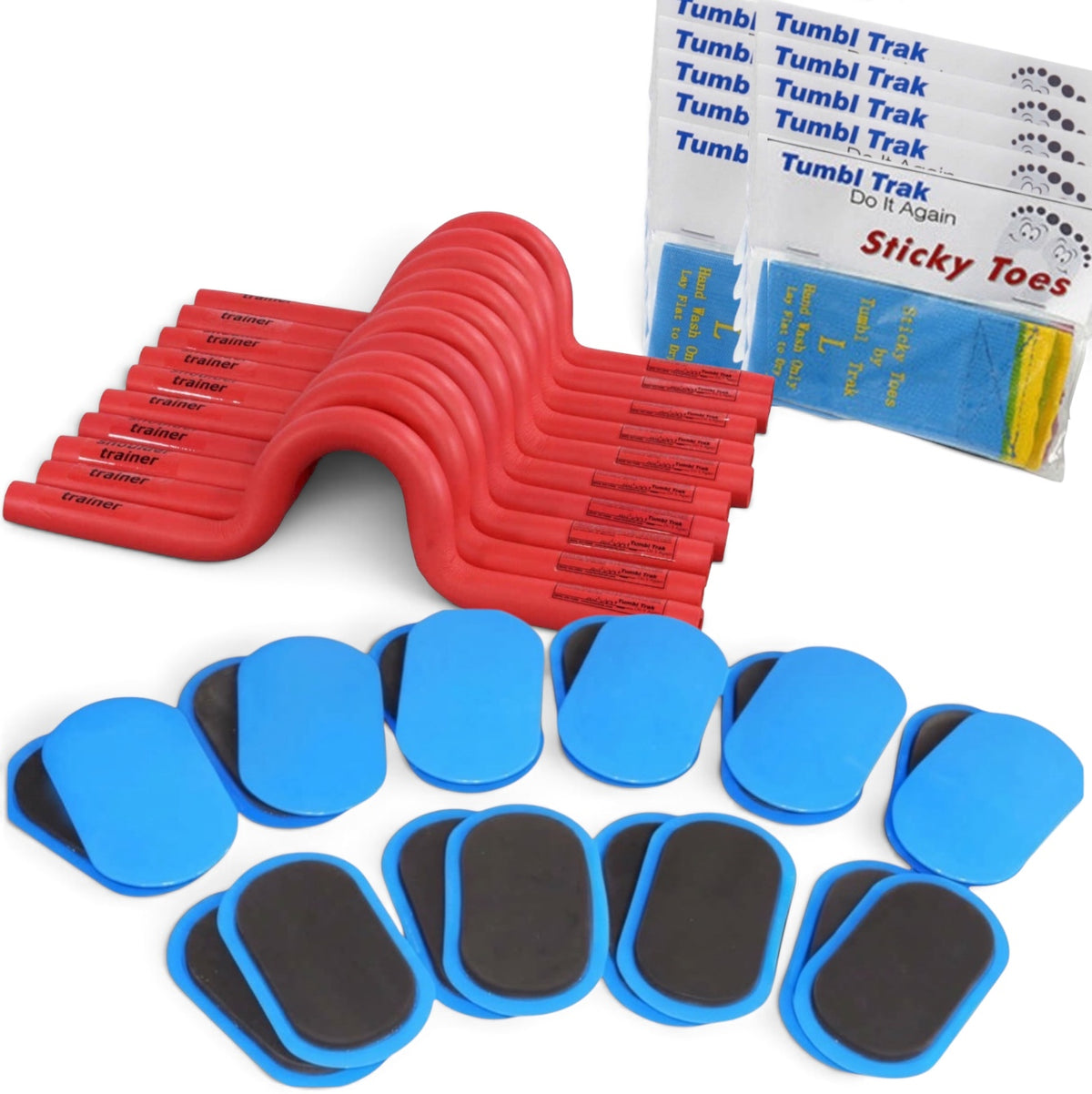 UK Gym Pits skill builder package with red shoulder trainers, blue sliders, and Sticky Toes foot training straps.