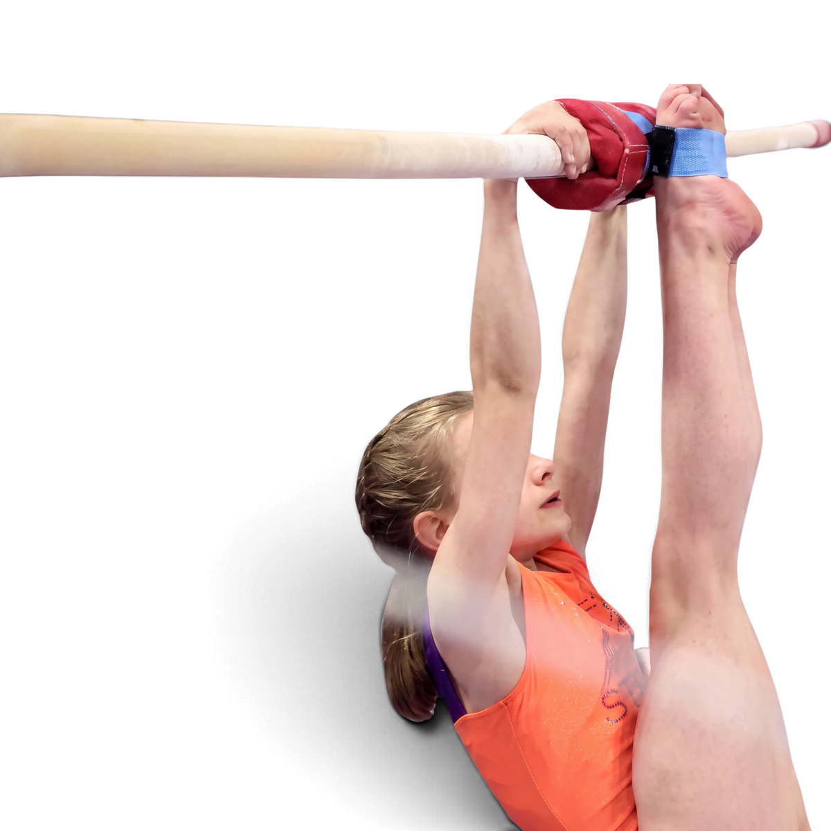 UK Gym Pits gymnast using sticky toes training aid on a bar to keep feet together during a skill
