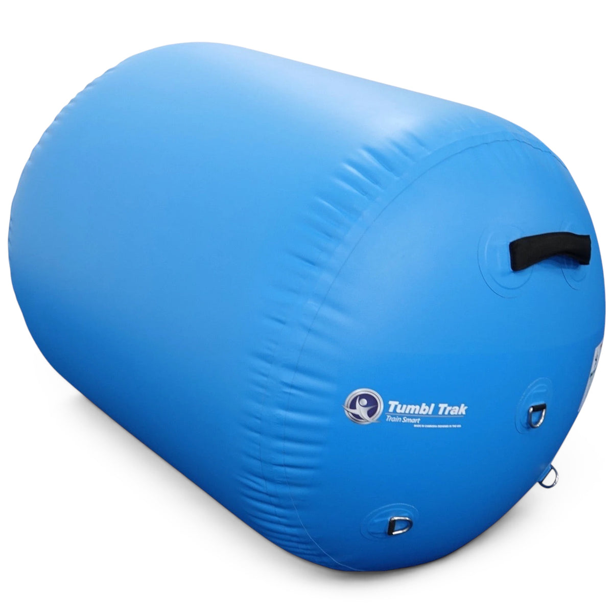 UK Gym Pits sky blue inflatable air barrel for gymnastics training with side handles and d-rings for secure mounting