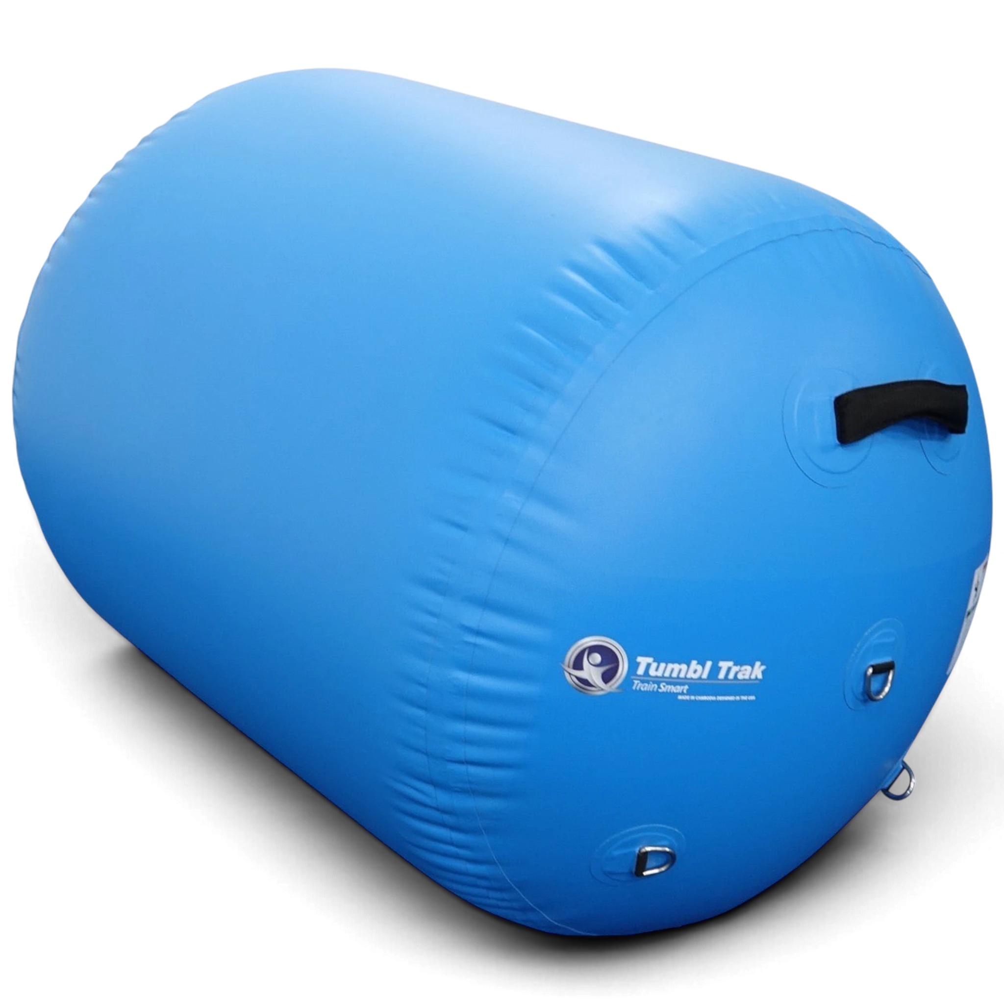 UK Gym Pits sky blue inflatable air barrel for gymnastics training with sturdy end handles and D-rings