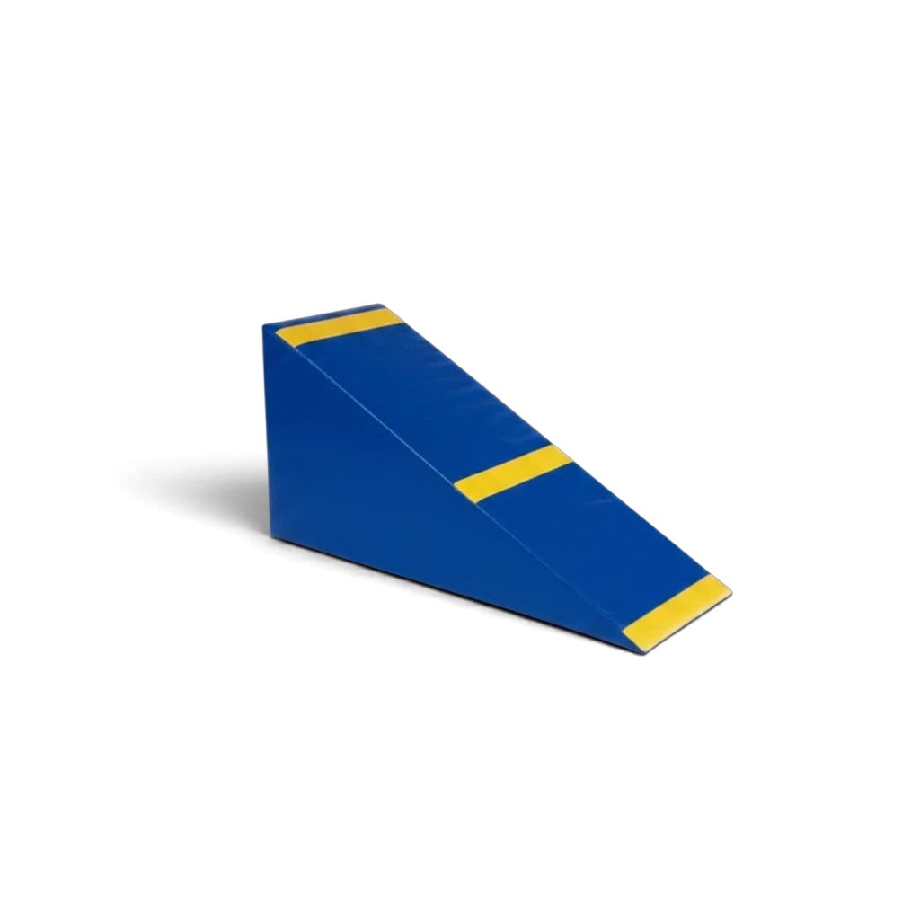 UK Gym Pits small blue and yellow foam wedge for gymnastics and soft play with yellow hand position guide strips