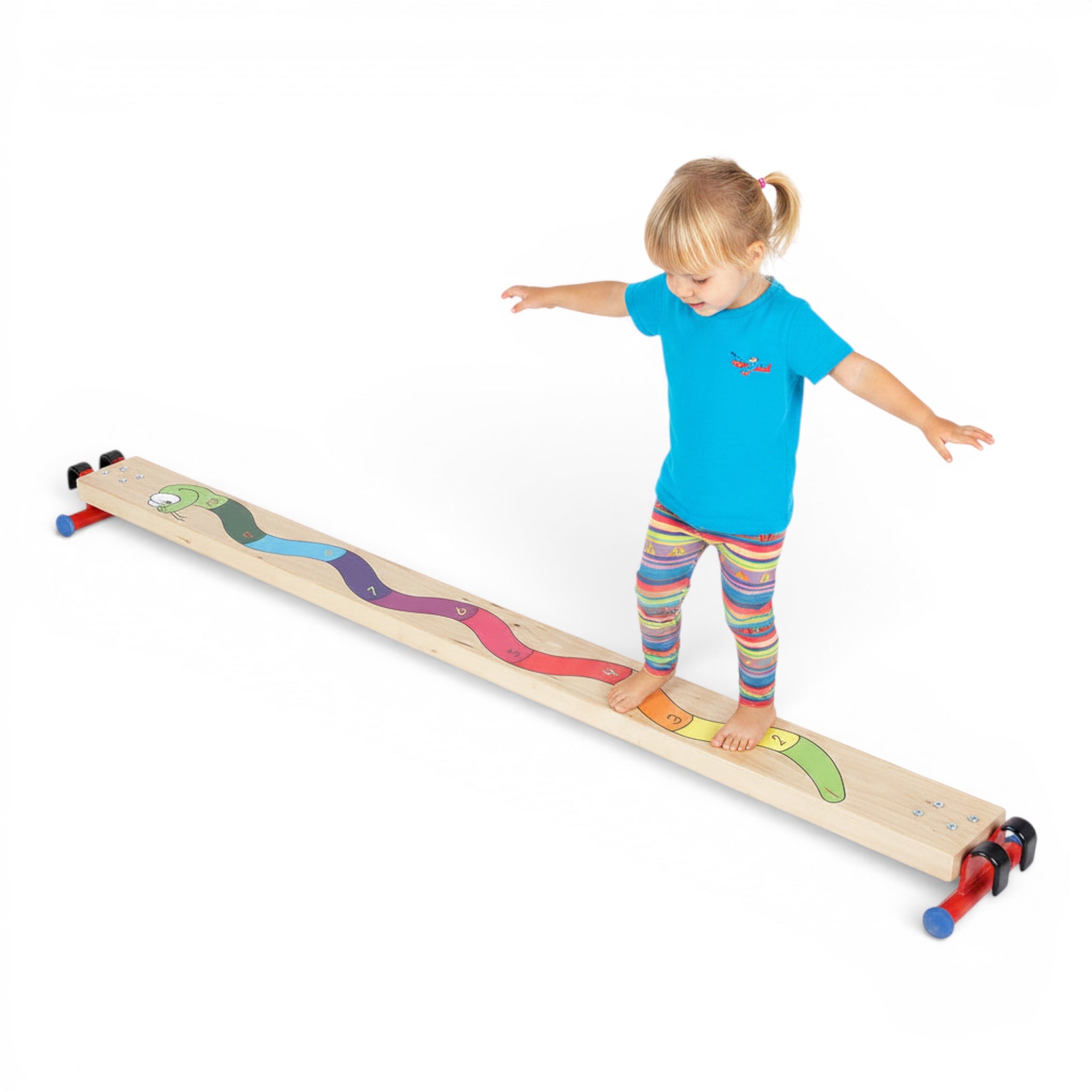 UK Gym Pits Activ Snake Balance Beam made of natural timber with a colourful snake graphic for children to practice