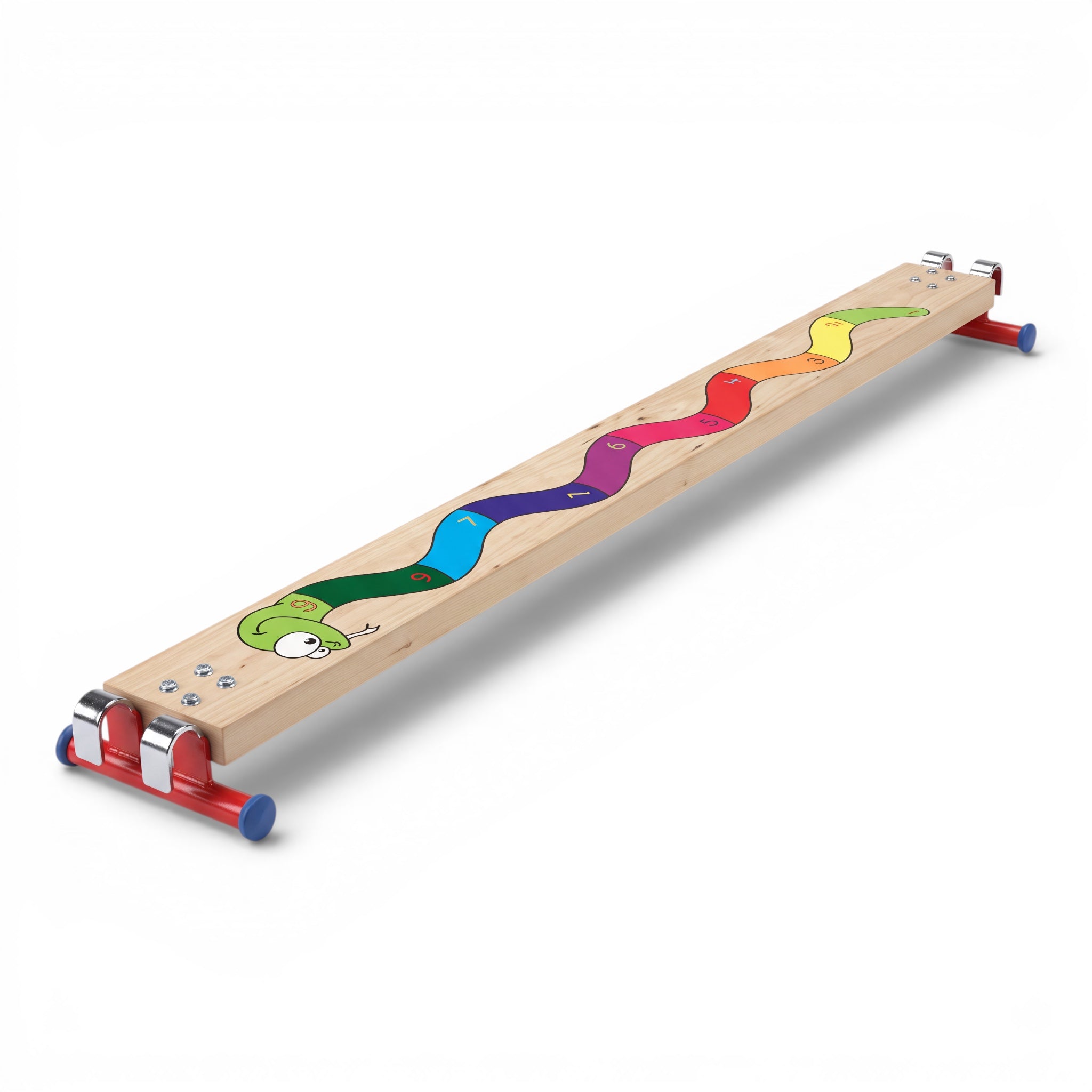 UK Gym Pits Activ Snake Balance Beam made of natural timber with a colourful numbered snake graphic and metal feet.