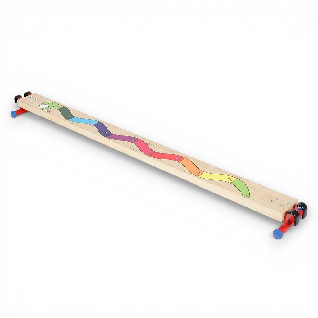 UK Gym Pits wooden snake balance beam with colourful numbered segments for children's gymnastics and play.