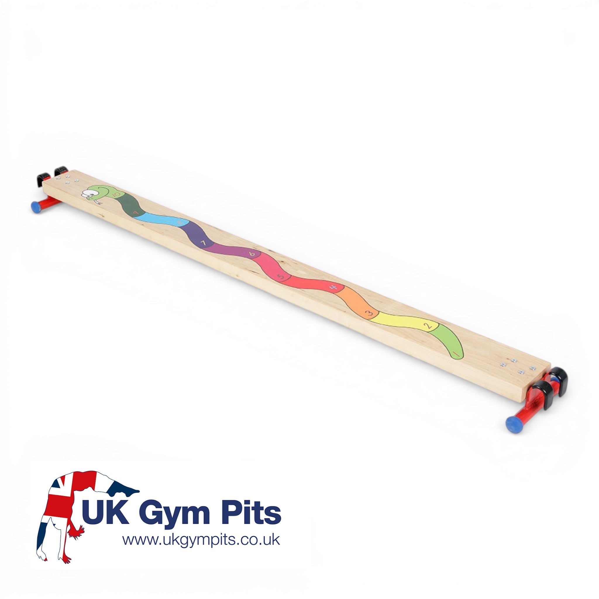 UK Gym Pits Activ Snake Balance Beam made of natural timber with a colourful numbered snake design and metal feet.