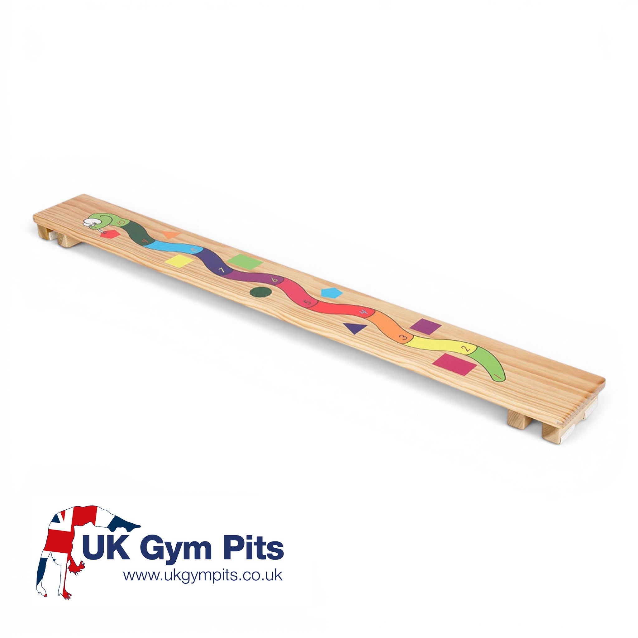 UK Gym Pits natural timber balance plank with a multicoloured snake graphic featuring numbers for educational play.