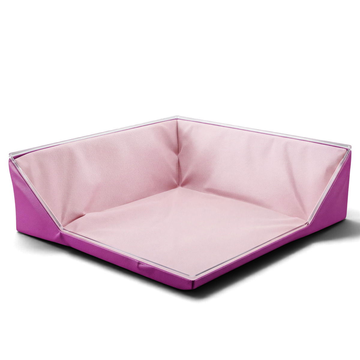 UK Gym Pits Lay-About Snug Mat in light pink and purple vinyl for children's soft play and motor skill development.
