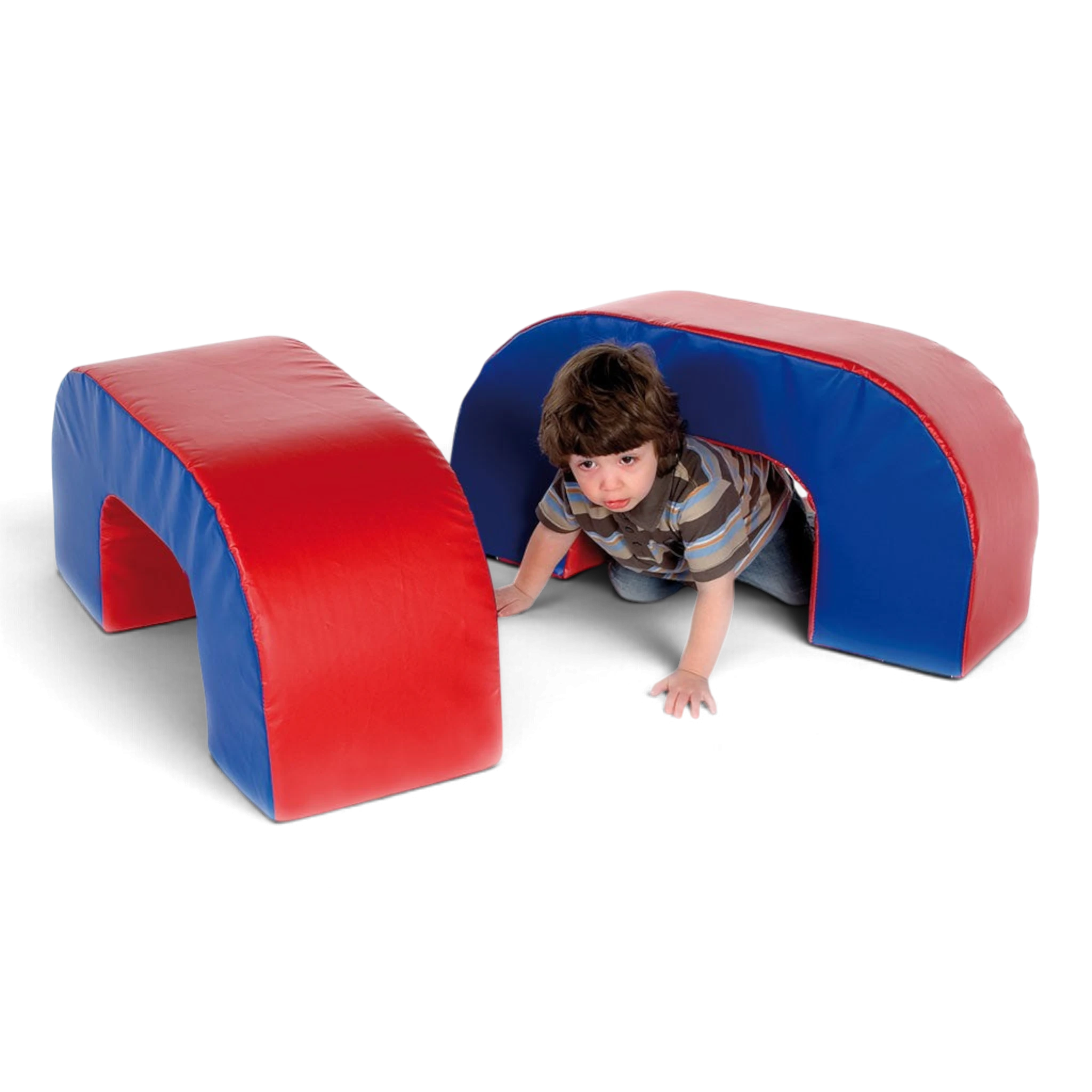 UK Gym Pits soft play arch set in red and blue vinyl, with a child crawling through one of the foam tunnels.