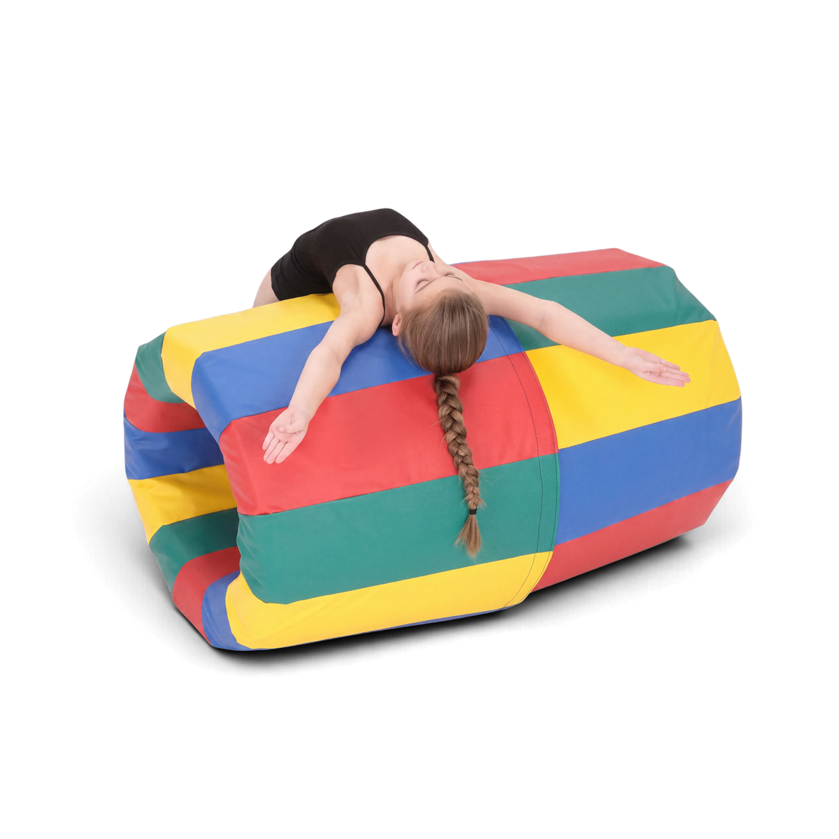 A child rolling over a multi-coloured UK Gym Pits soft play barrel for gymnastics and motor skill development.