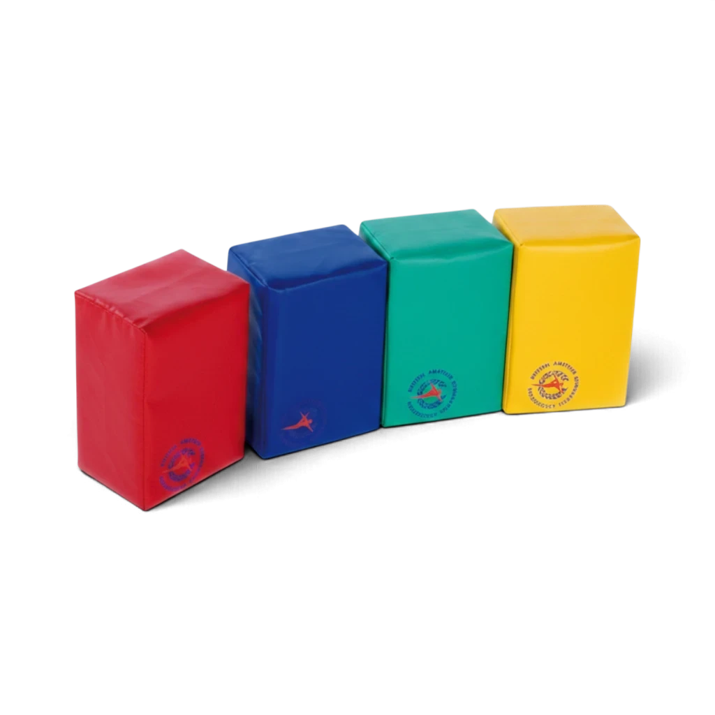 UK Gym Pits Jump for Joy Frolic soft play brick set in red, blue, green, and yellow vinyl for children