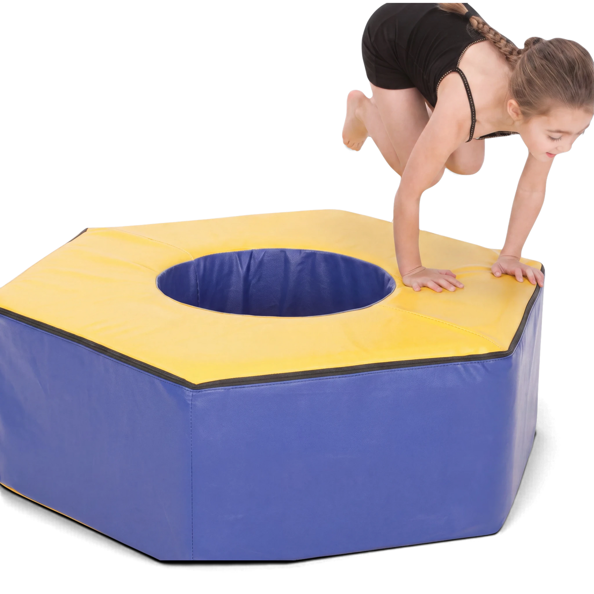 UK Gym Pits soft play cog with blue and yellow PVC finish, used by a young gymnast for balance and motor skills.