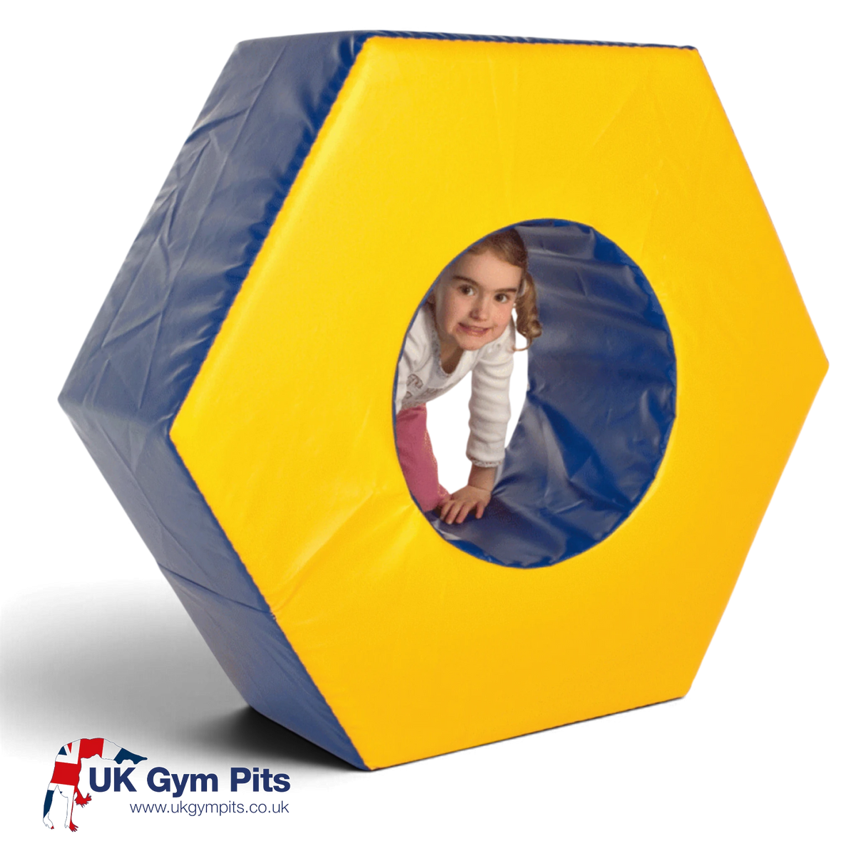 UK Gym Pits soft play cog with blue and yellow PVC finish, featuring a child crawling through the central opening.