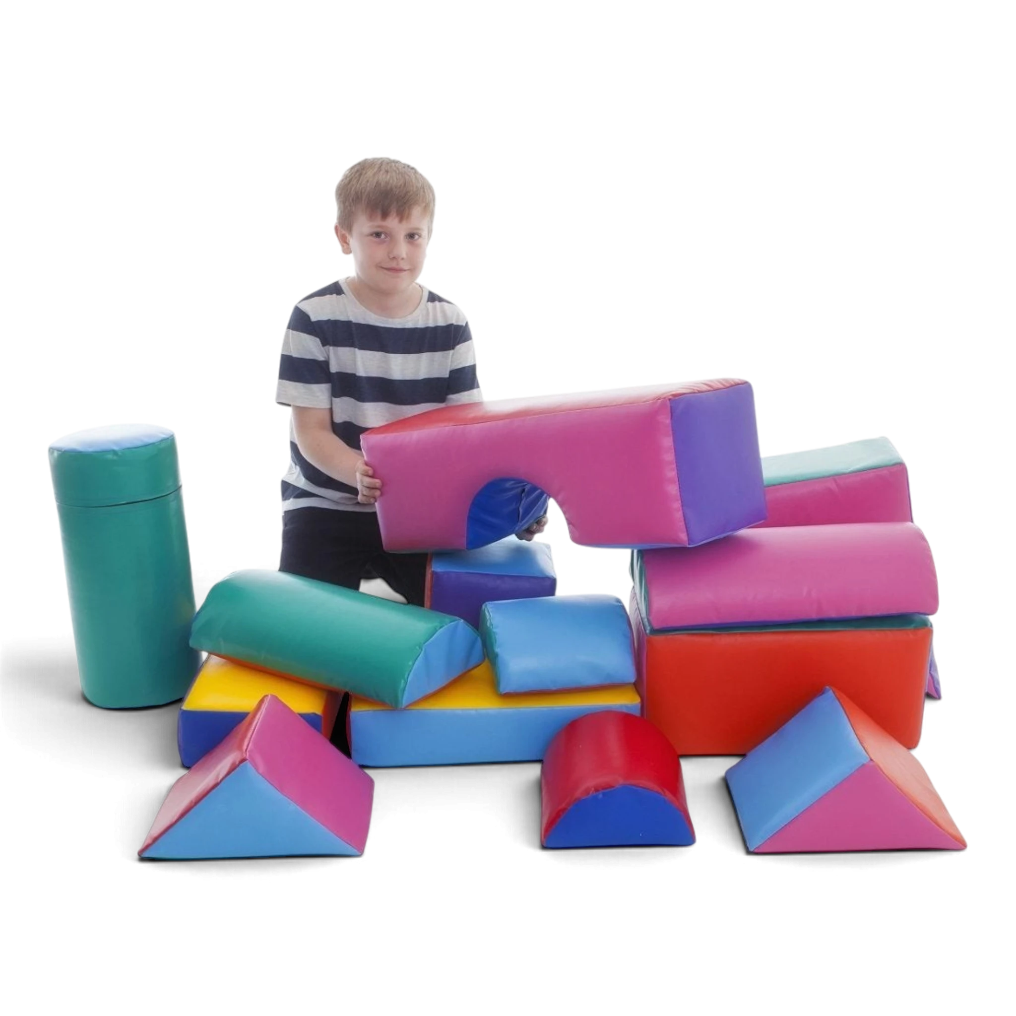 UK Gym Pits soft play construction set with 14 colourful foam building shapes for children to improve motor skills