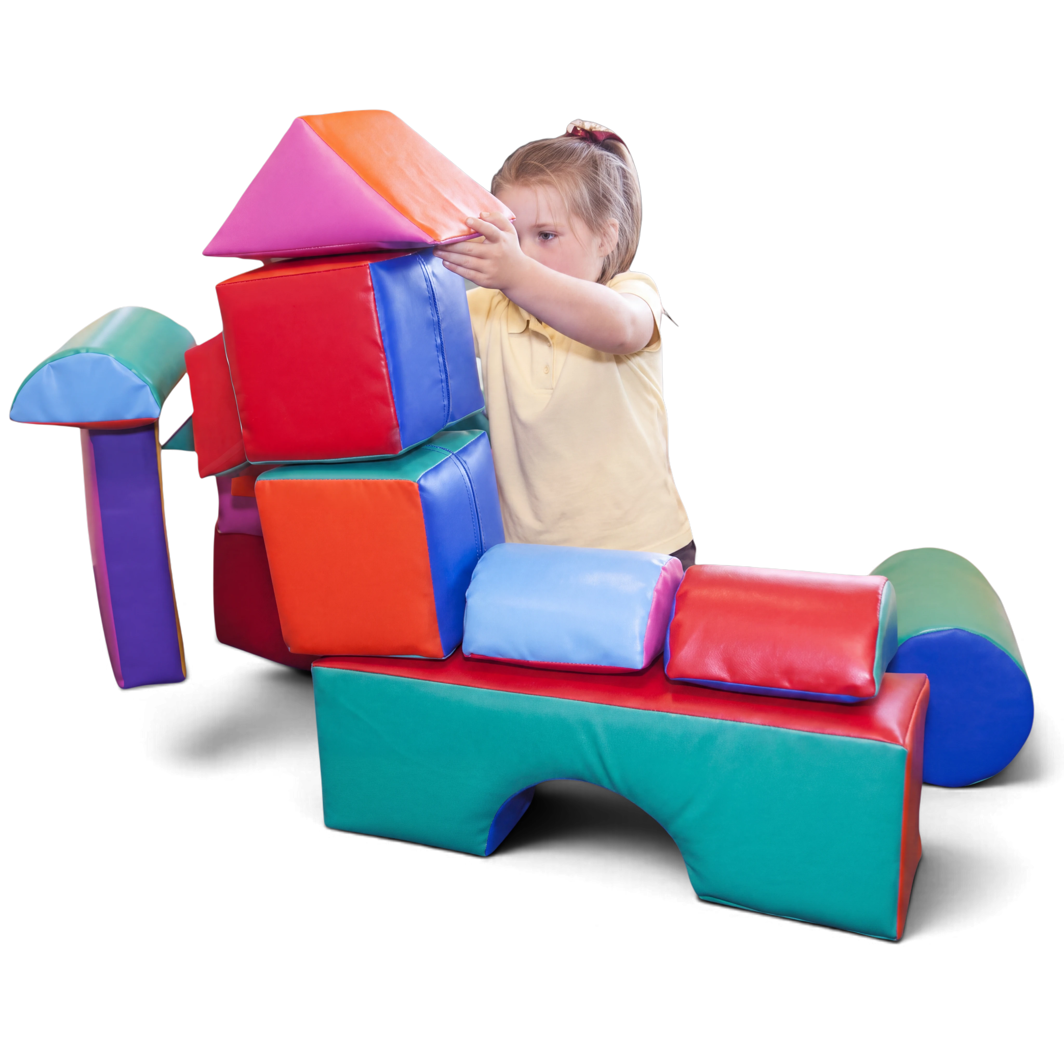 UK Gym Pits soft play construction set with a child building colourful foam shapes for motor skill development