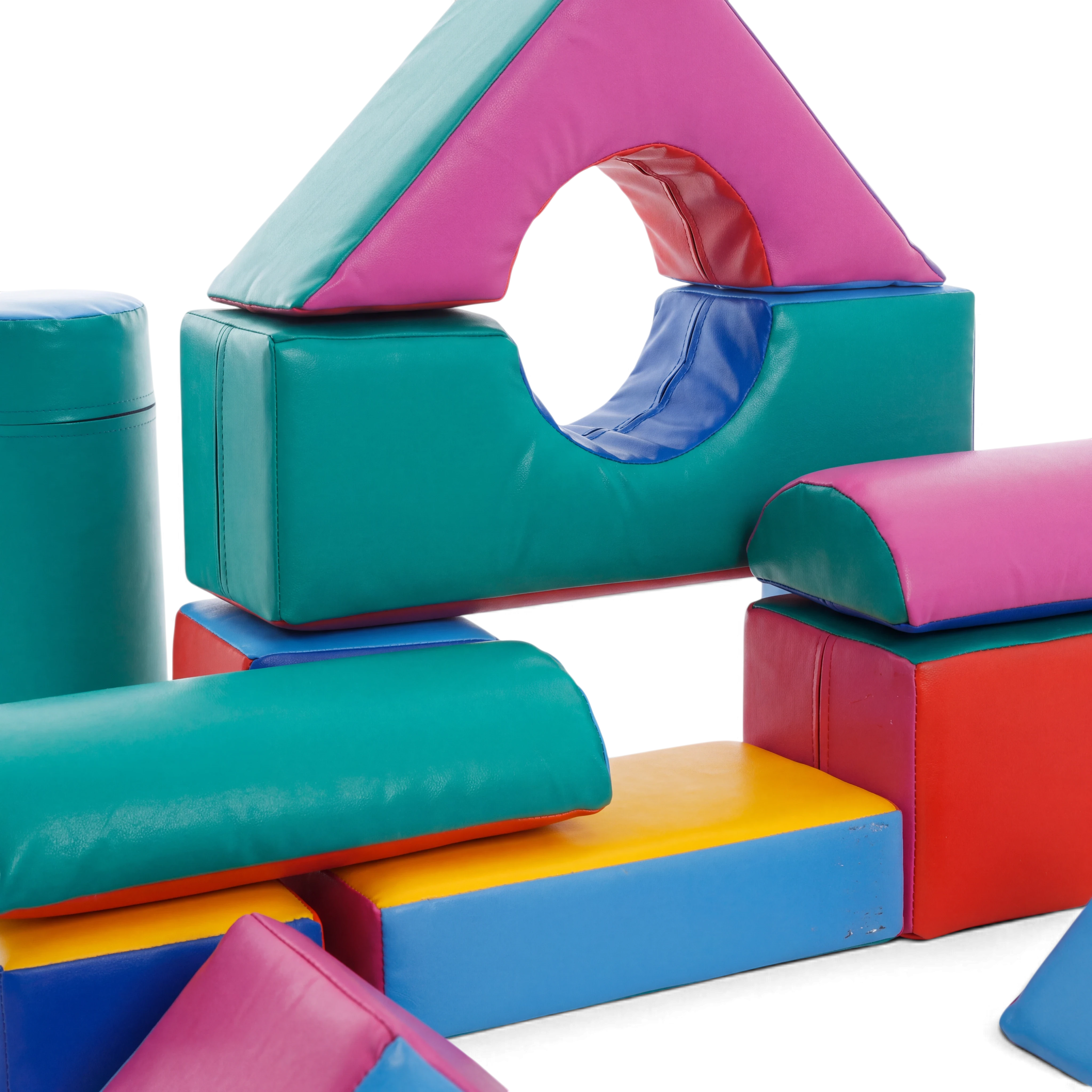 UK Gym Pits soft play construction set with 14 assorted colourful foam shapes in durable easy-clean PVC fabric