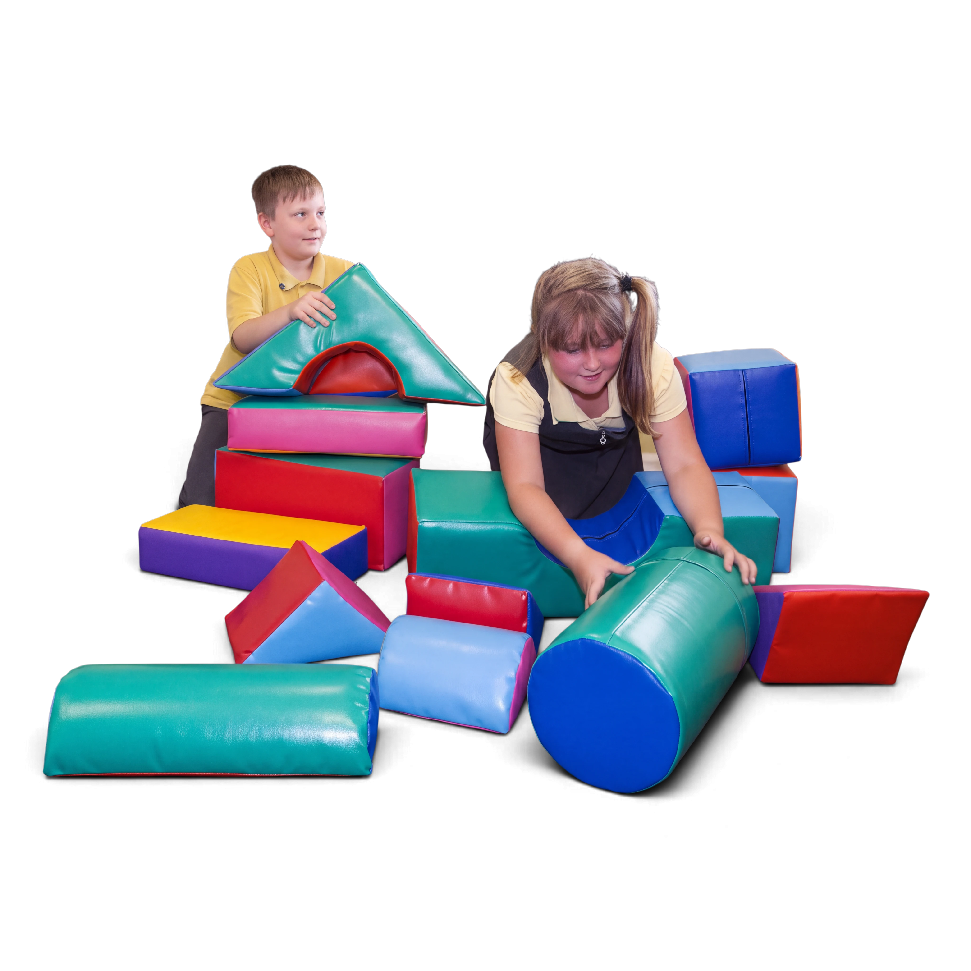UK Gym Pits soft play construction set with 14 colourful vinyl foam shapes being used by two children