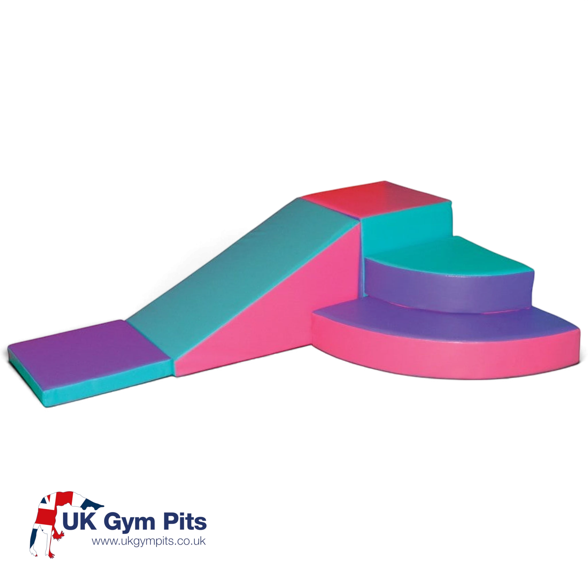 UK Gym Pits 5-piece soft play corner set with slide, steps, and mat in vibrant pink, purple, and teal vinyl foam.