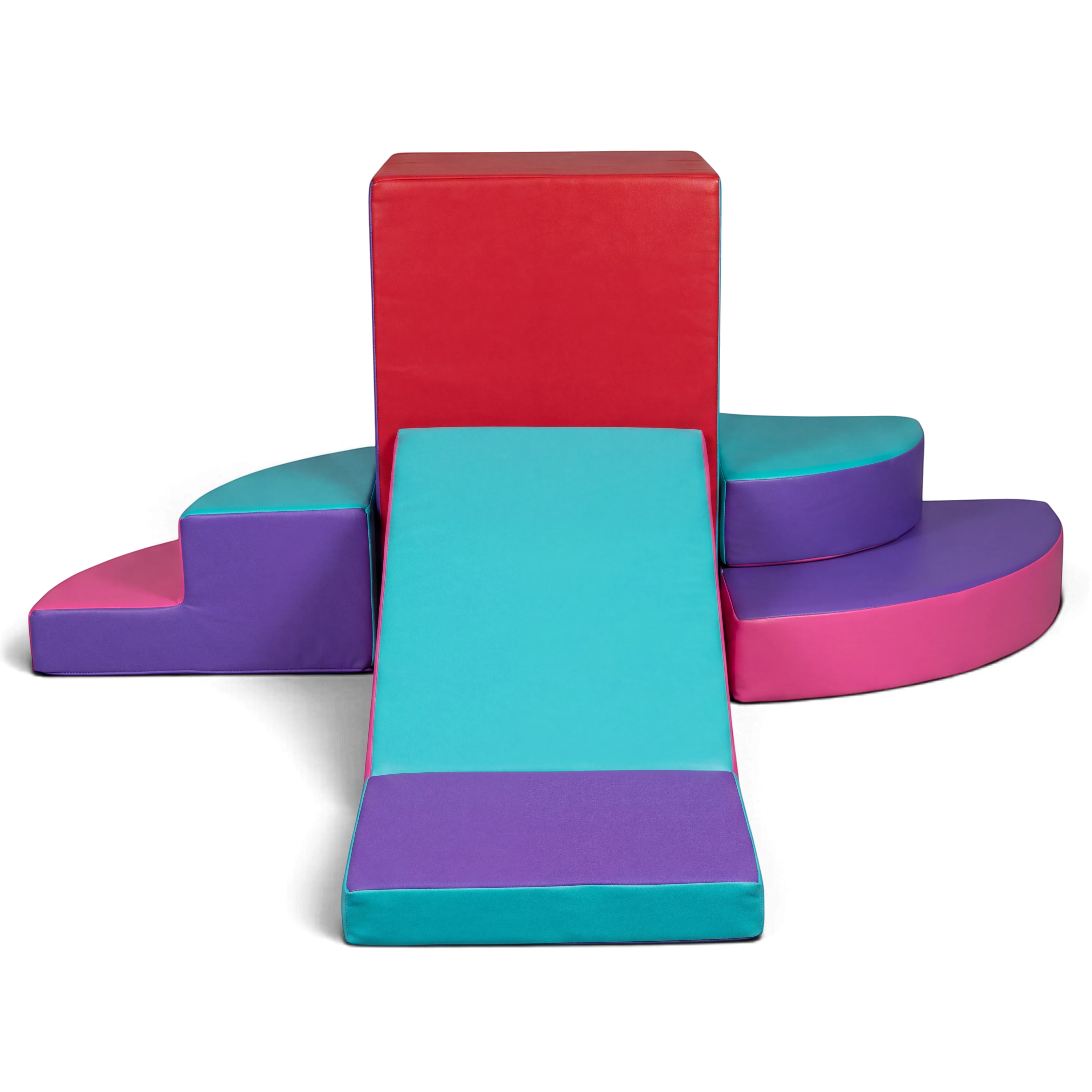 UK Gym Pits 5-piece soft play corner set with slide, cube, steps, and mat in vibrant red, blue, purple, and pink PVC.
